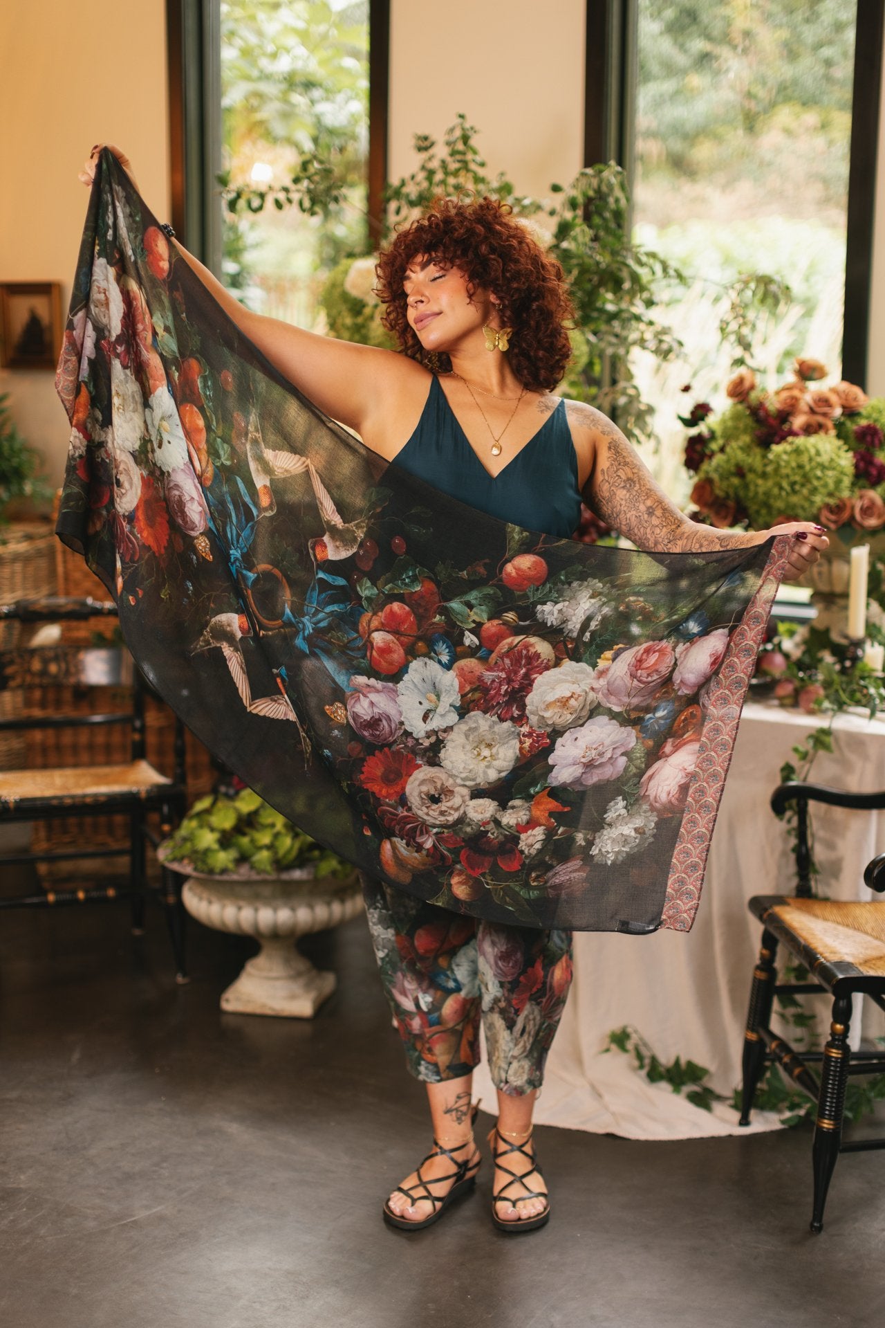 Hummingbirds and vintage floral artwork come to life on the Flight of Fancy Scarf – a lightweight, everyday scarf inspired by the paintings of Rachel Ruysch – Market of Stars.