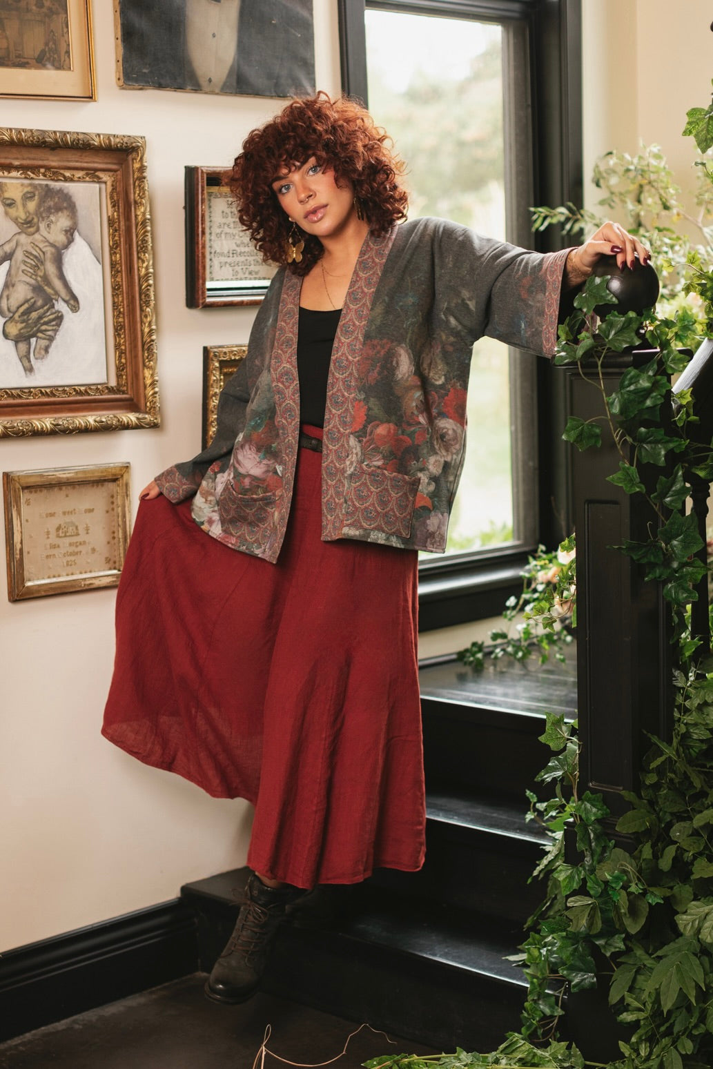 Model wearing a cozy cardigan lined with fleece showcasing hummingbirds and 1700s floral paintings - Market of Stars