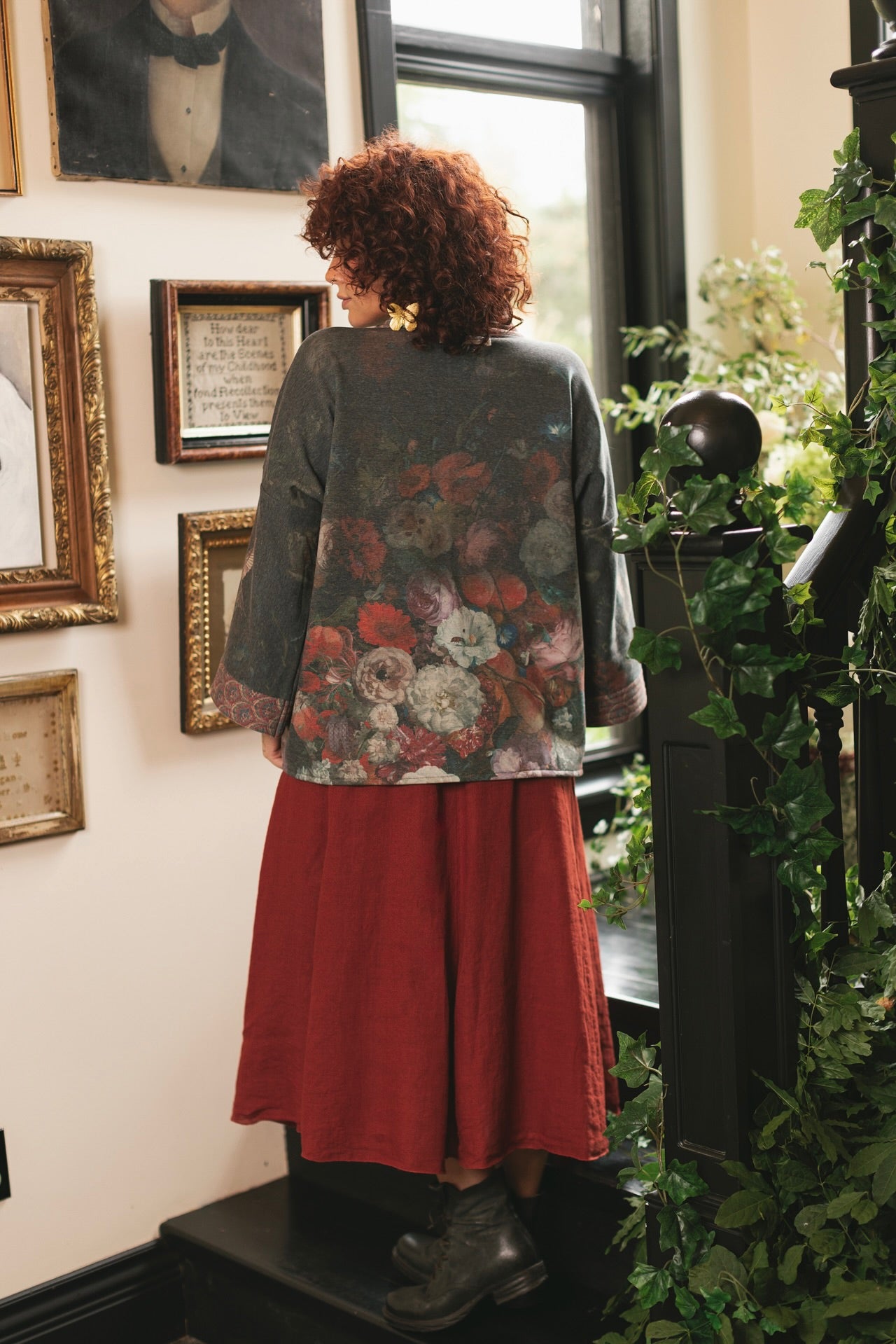 Model wearing a cozy cardigan lined with fleece showcasing hummingbirds and 1700s floral paintings - Market of Stars