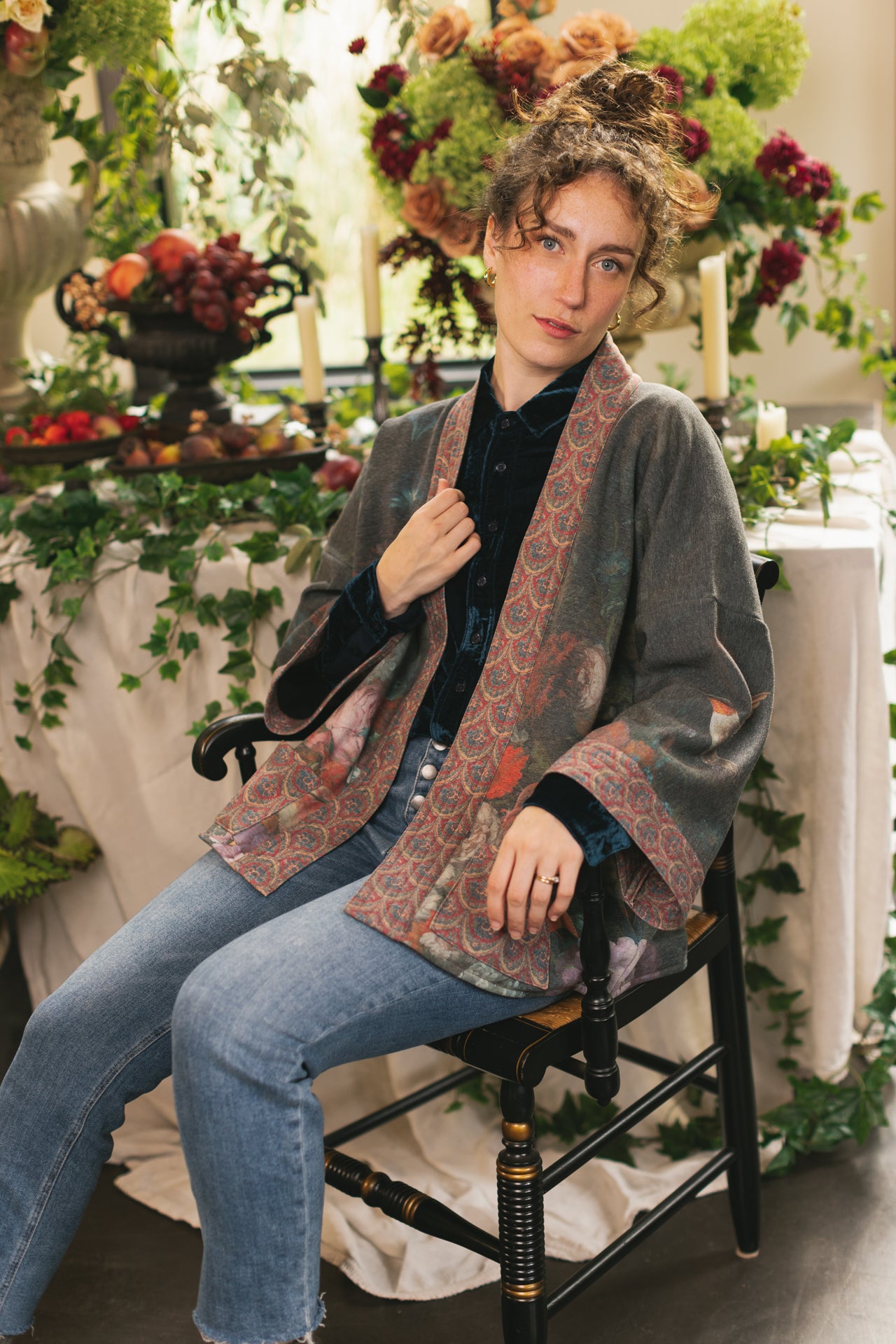 Model wearing a cozy cardigan lined with fleece showcasing hummingbirds and 1700s floral paintings - Market of Stars