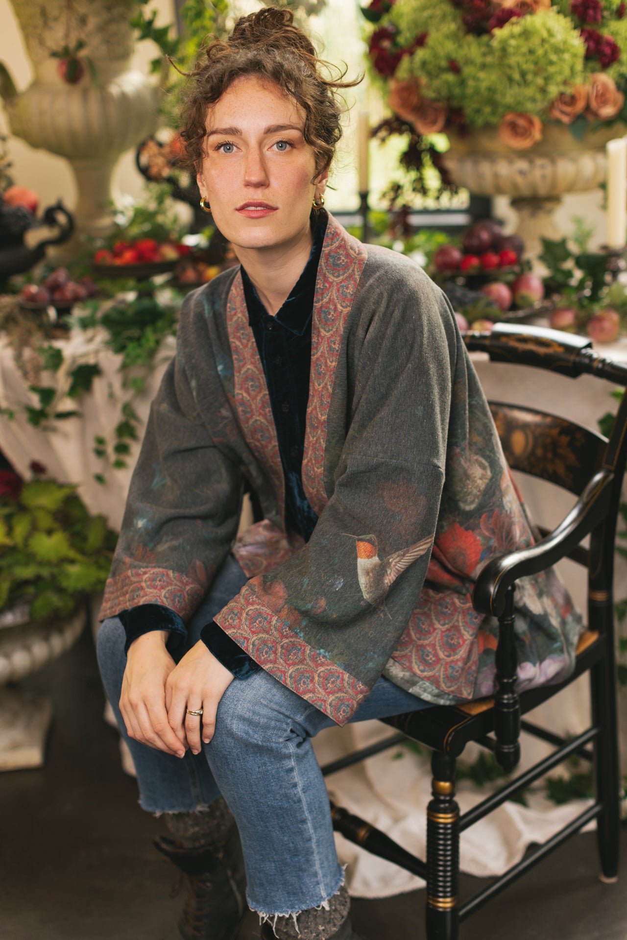 Model wearing a cozy cardigan lined with fleece showcasing hummingbirds and 1700s floral paintings - Market of Stars