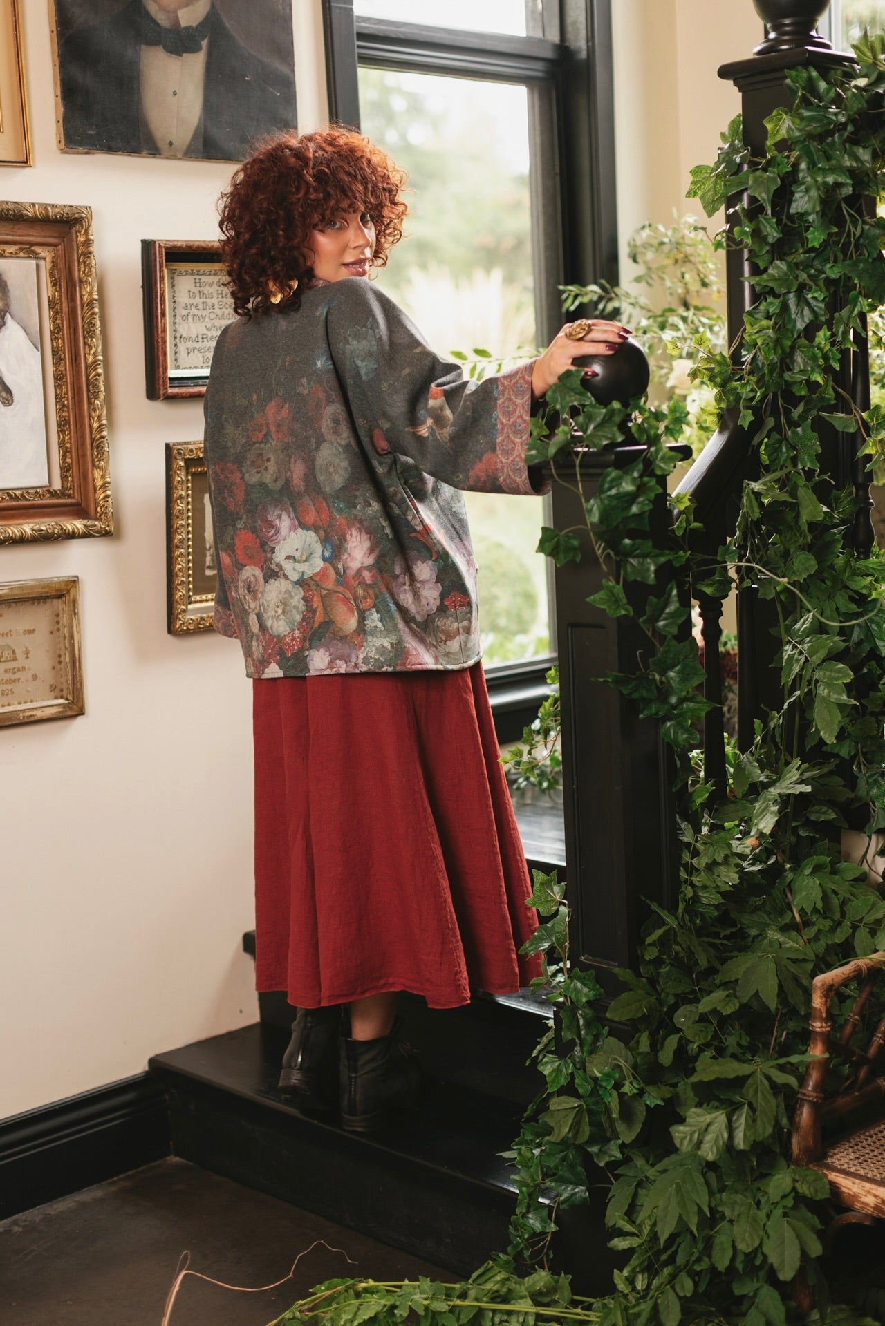 Model wearing a cozy cardigan lined with fleece showcasing hummingbirds and 1700s floral paintings - Market of Stars