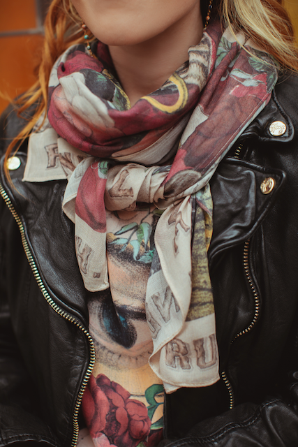 Scarf featuring historic friendship, love, and truth symbols including beehives, flowers, and eyes on a soft vintage-washed design – Market of Stars.