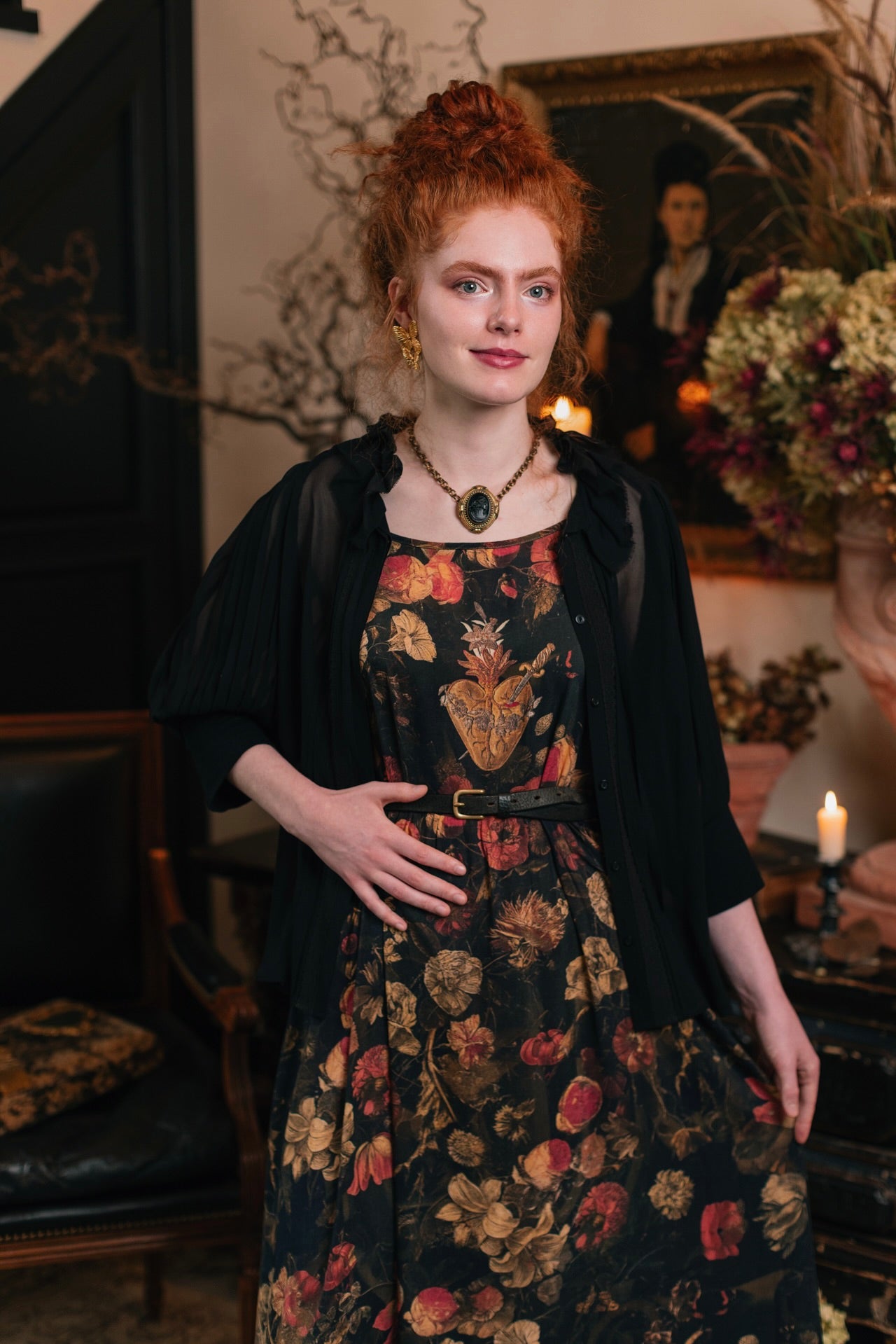 Model wearing a maxi-length bamboo-viscose slip dress featuring a collage of antique artwork with romance, loyalty, and old-world beauty - Market of Stars