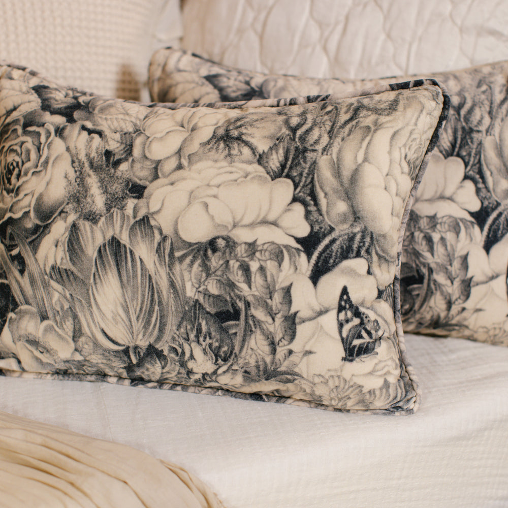
                  
                    A soft velvet cotton cushion ft. 1900's floral lithographs - a garden dreamt up in ink - Market of Stars
                  
                