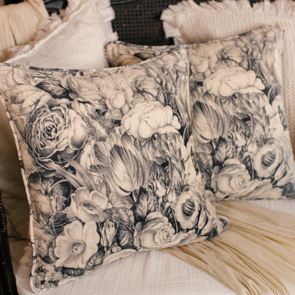 
                  
                    A soft velvet cotton cushion ft. 1900's floral lithographs - a garden dreamt up in ink - Market of Stars
                  
                