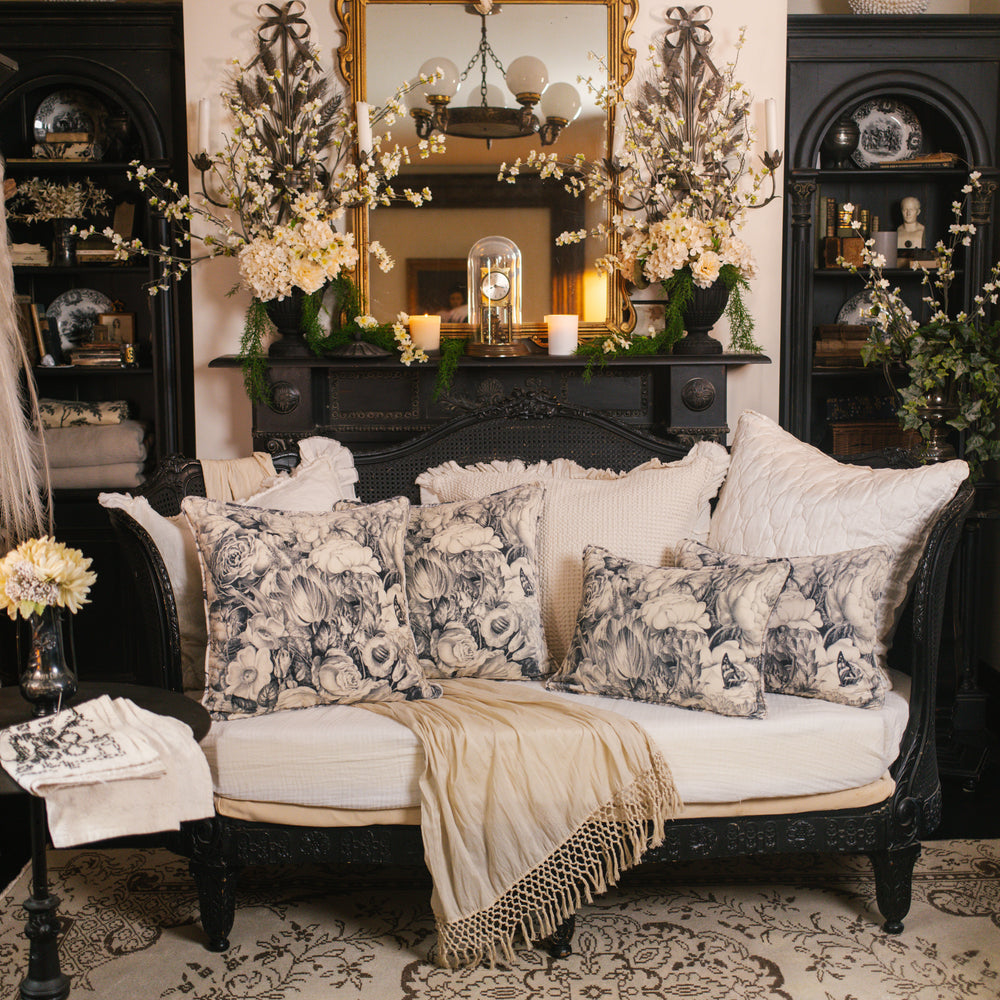 A soft velvet cotton cushion ft. 1900's floral lithographs - a garden dreamt up in ink - Market of Stars