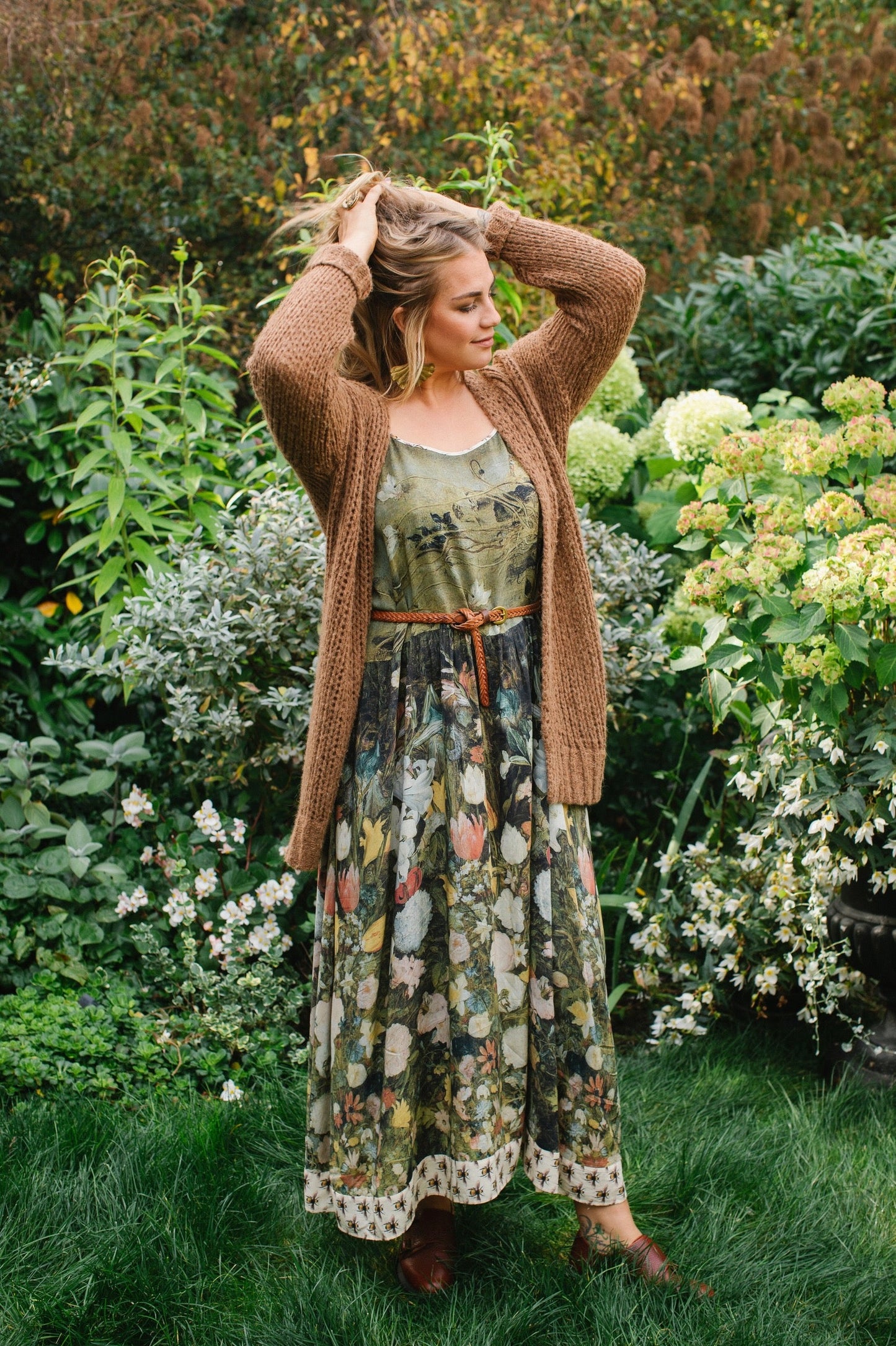 Model wearing the I Dream in Flowers Bohéme Slip Dress with vintage-inspired floral artwork and Victorian bumblebee details, perfect for layering or lounging – Market of Stars.