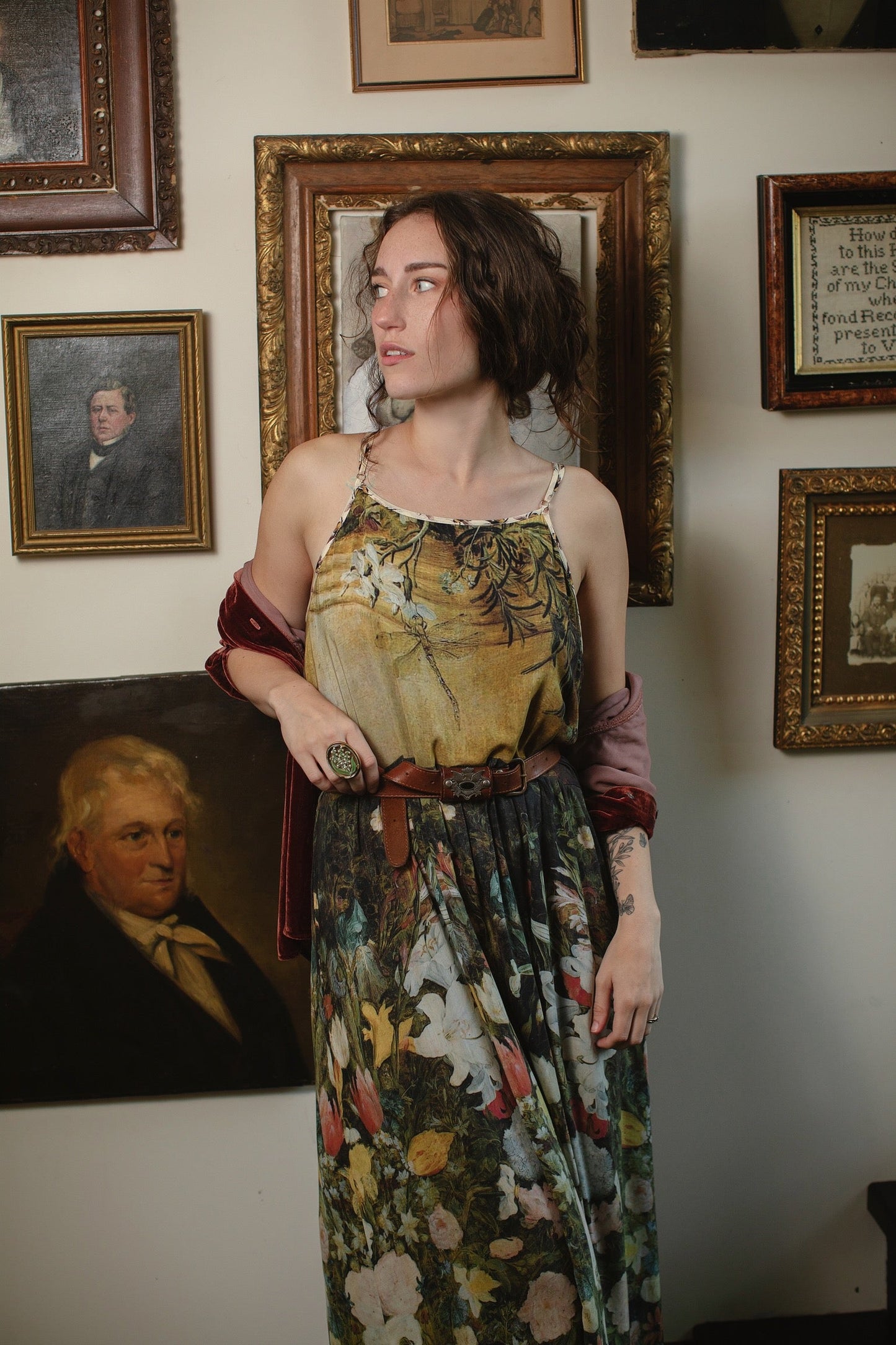Model wearing the I Dream in Flowers Bohéme Slip Dress with vintage-inspired floral artwork and Victorian bumblebee details, perfect for layering or lounging – Market of Stars.