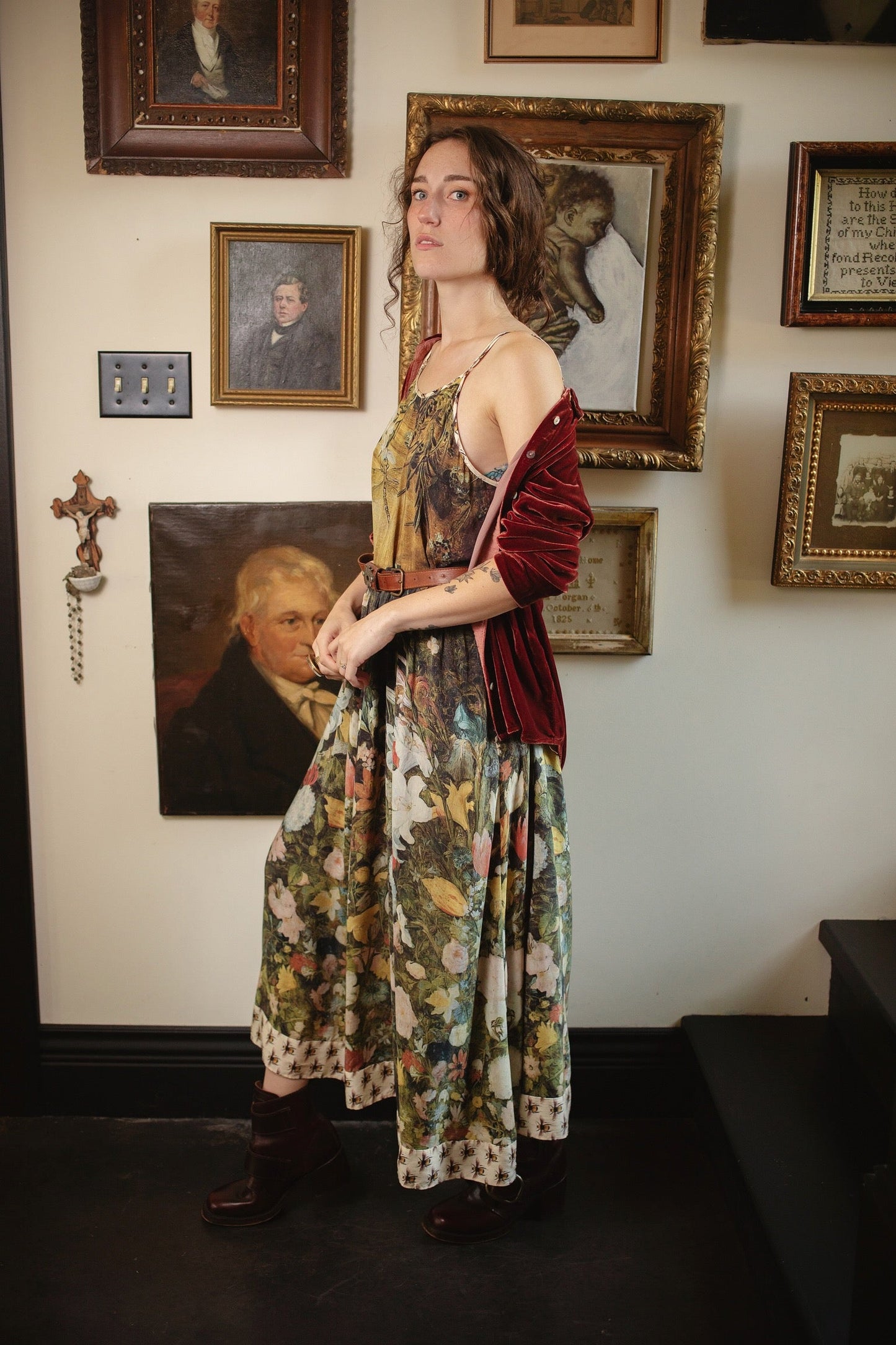 Model wearing the I Dream in Flowers Bohéme Slip Dress with vintage-inspired floral artwork and Victorian bumblebee details, perfect for layering or lounging – Market of Stars.