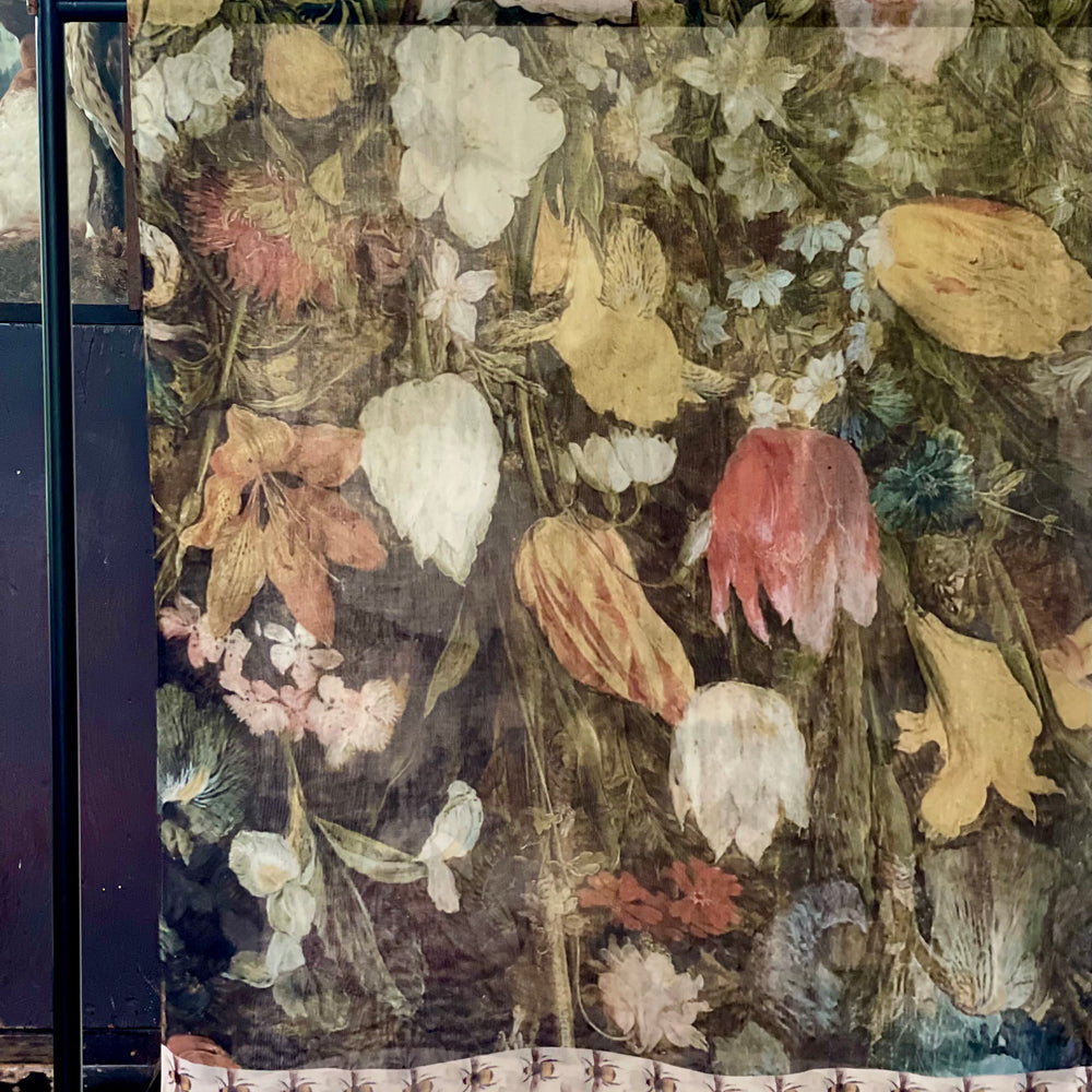 
                  
                    Model wearing the I Dream in Flowers Scarf featuring lush floral art by Jan Brueghel and charming Victorian bumblebees – Market of Stars.
                  
                