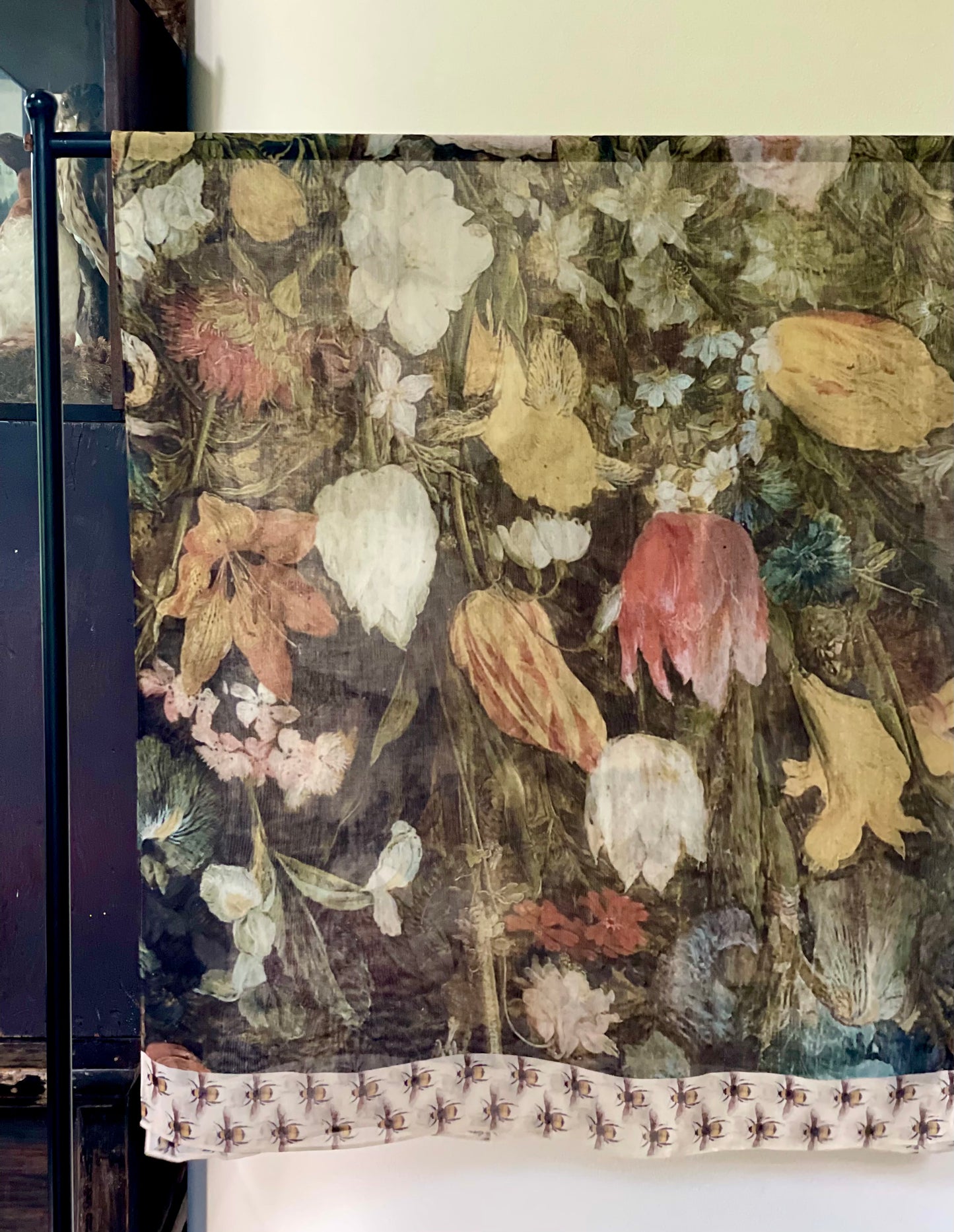 Model wearing the I Dream in Flowers Scarf featuring lush floral art by Jan Brueghel and charming Victorian bumblebees – Market of Stars.