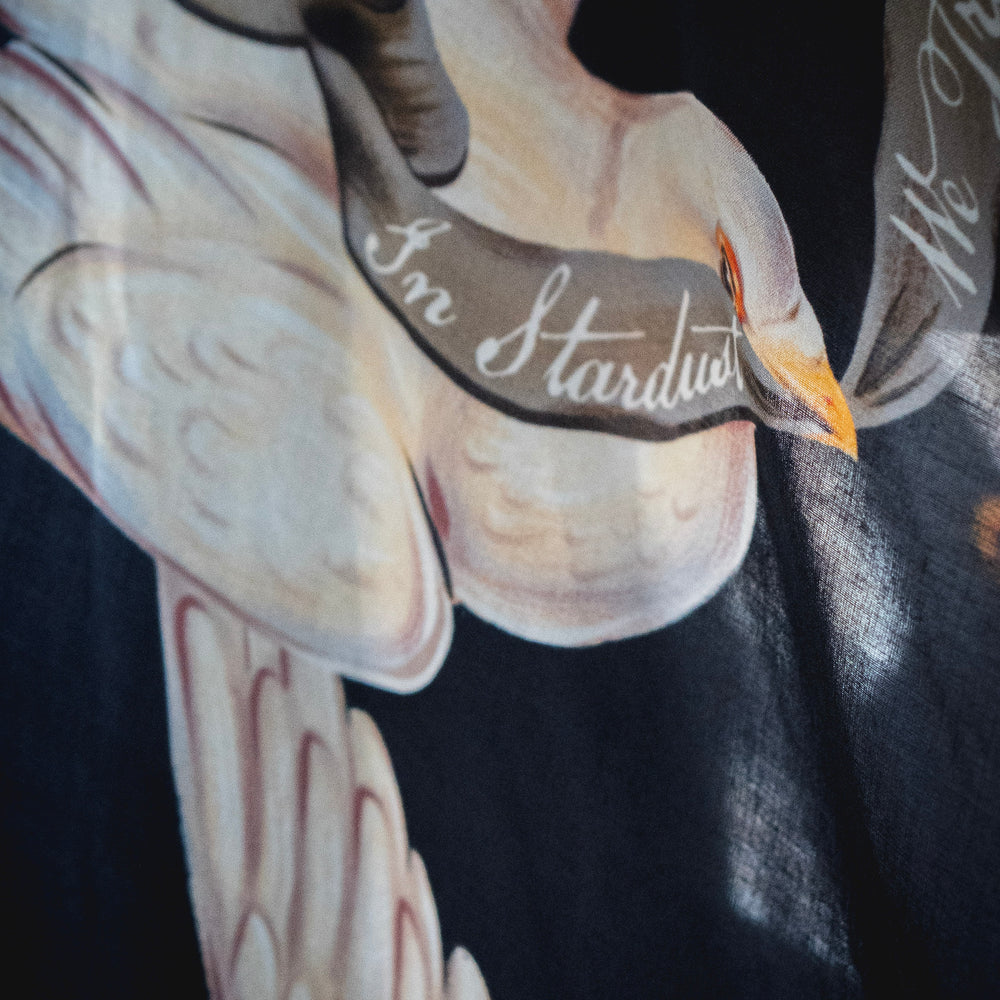 
                  
                    Model wearing the original Market of Stars kimono featuring Victorian-inspired doves and the words “In Stardust We Trust” — a tribute to dreams and possibility – Market of Stars.
                  
                