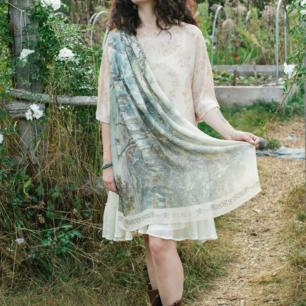 Delicate Land of Plenty scarf featuring pastoral Dutch landscapes, vintage cross-stitch details, and peaceful cottagecore vibes – Market of Stars.