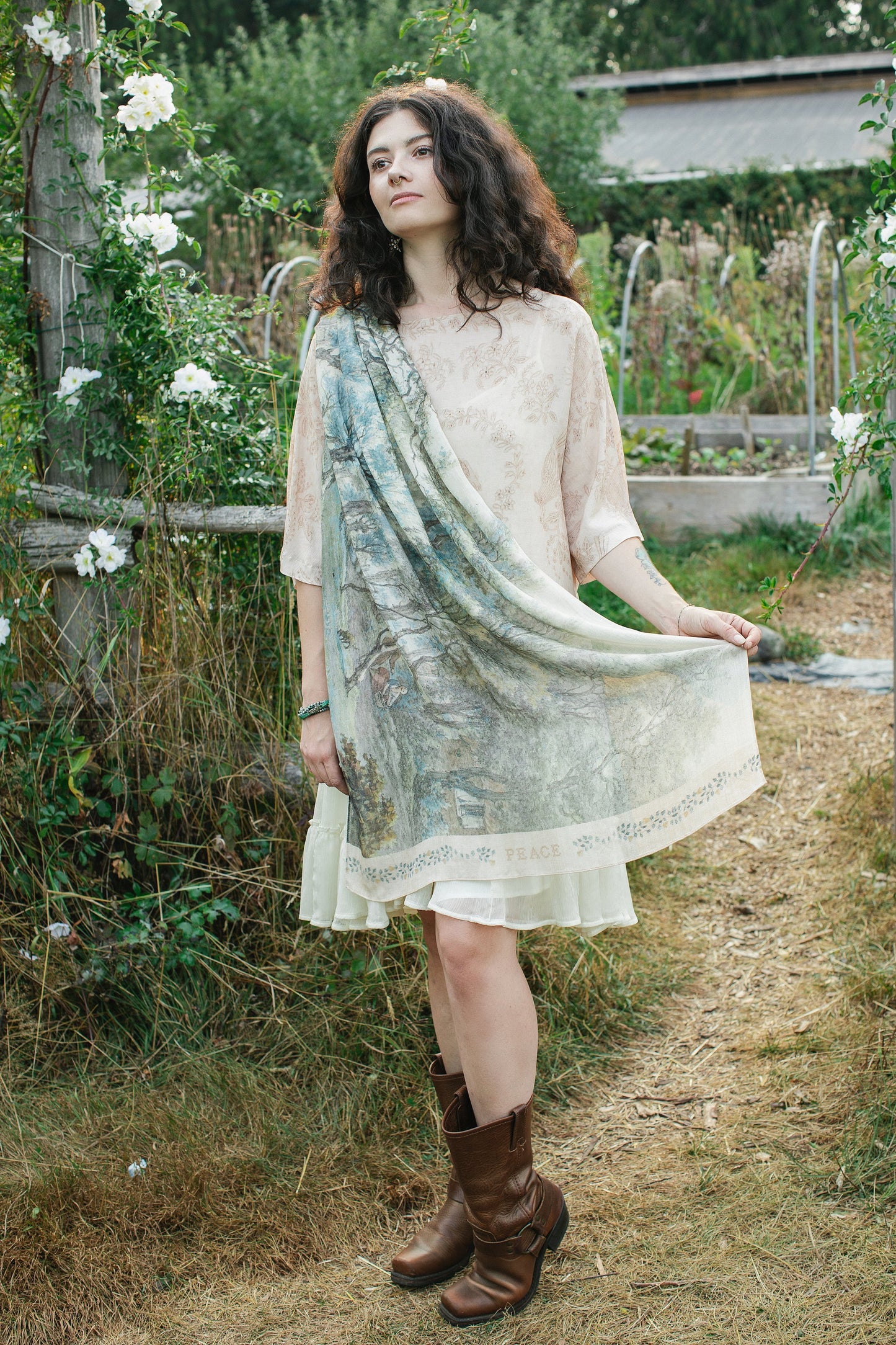 Delicate Land of Plenty scarf featuring pastoral Dutch landscapes, vintage cross-stitch details, and peaceful cottagecore vibes – Market of Stars.