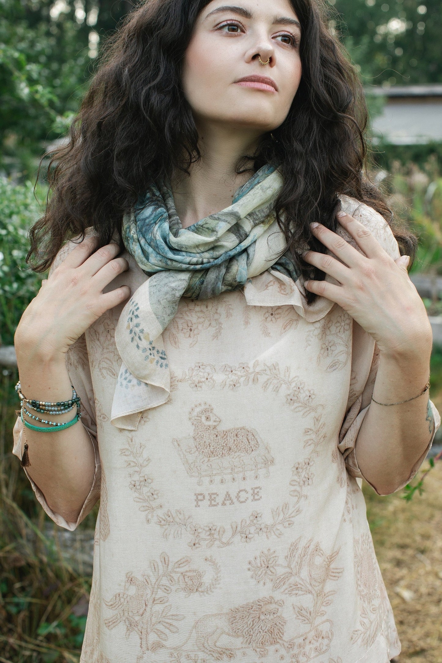 Delicate Land of Plenty scarf featuring pastoral Dutch landscapes, vintage cross-stitch details, and peaceful cottagecore vibes – Market of Stars.