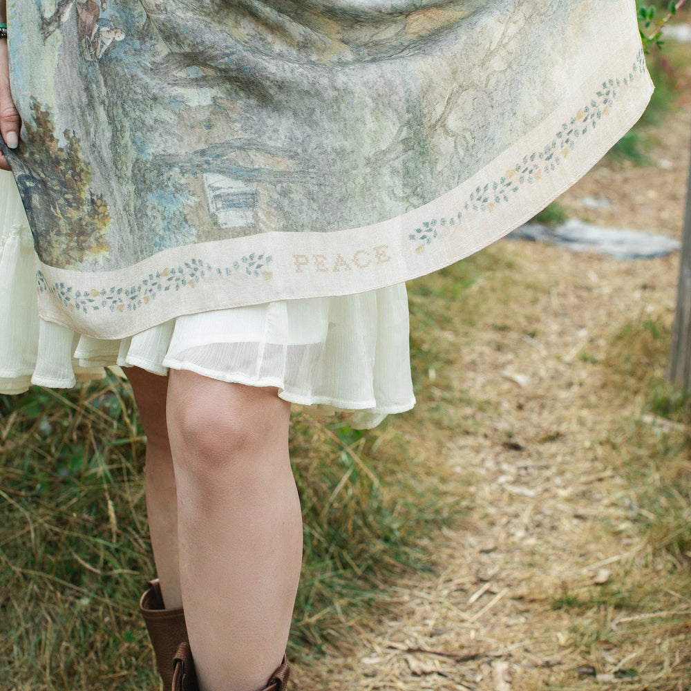 
                  
                    Delicate Land of Plenty scarf featuring pastoral Dutch landscapes, vintage cross-stitch details, and peaceful cottagecore vibes – Market of Stars.
                  
                