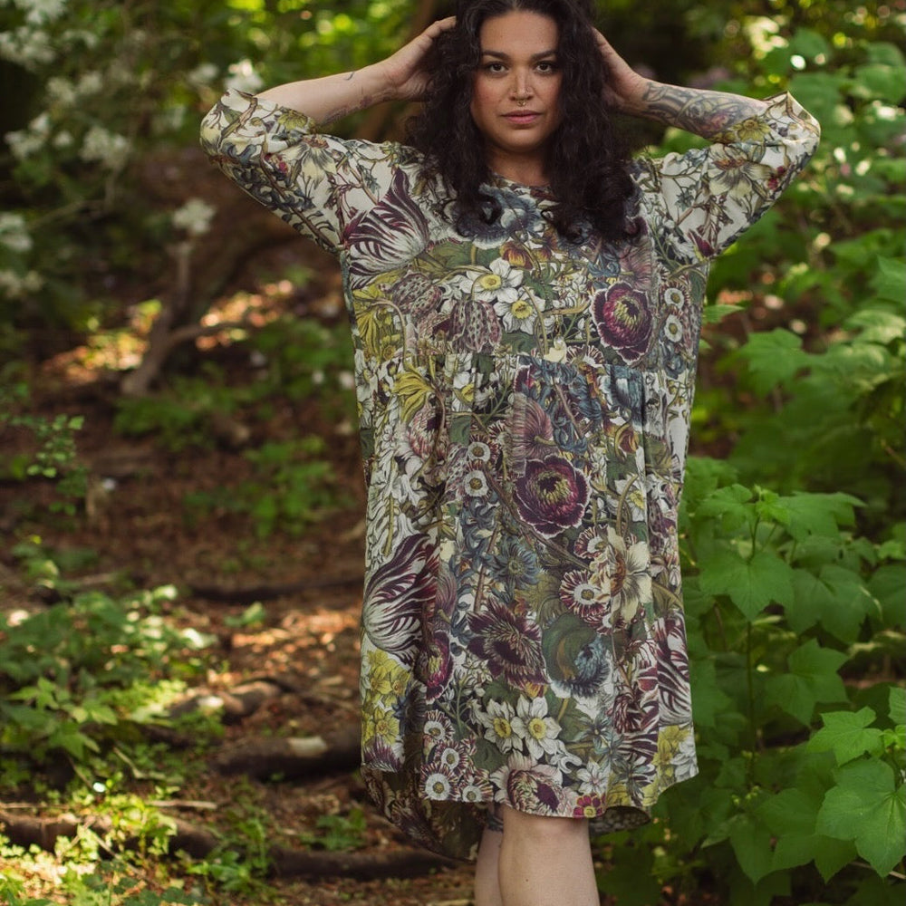 Model styled in Love Grows Wild Artist Dress featuring hand-coloured 1700s floral etchings and bumblebee detail – inspired by the French chemise – Market of Stars