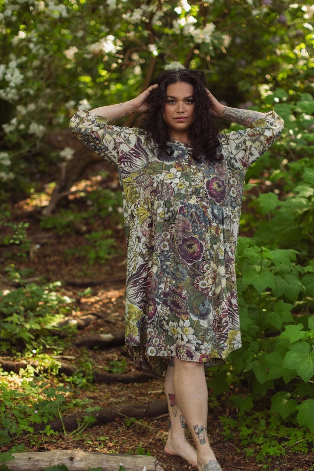 Model styled in Love Grows Wild Artist Dress featuring hand-coloured 1700s floral etchings and bumblebee detail – inspired by the French chemise – Market of Stars