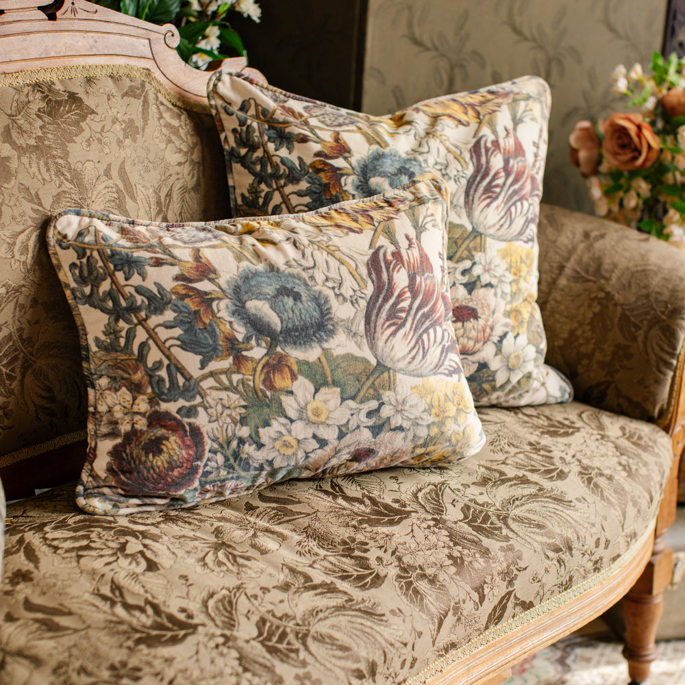 A soft cotton velvet cushion featuring lush 1700s botanical blooms - Market of Stars