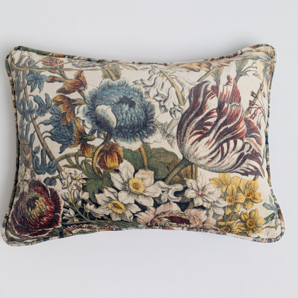 A soft cotton velvet cushion featuring lush 1700s botanical blooms - Market of Stars