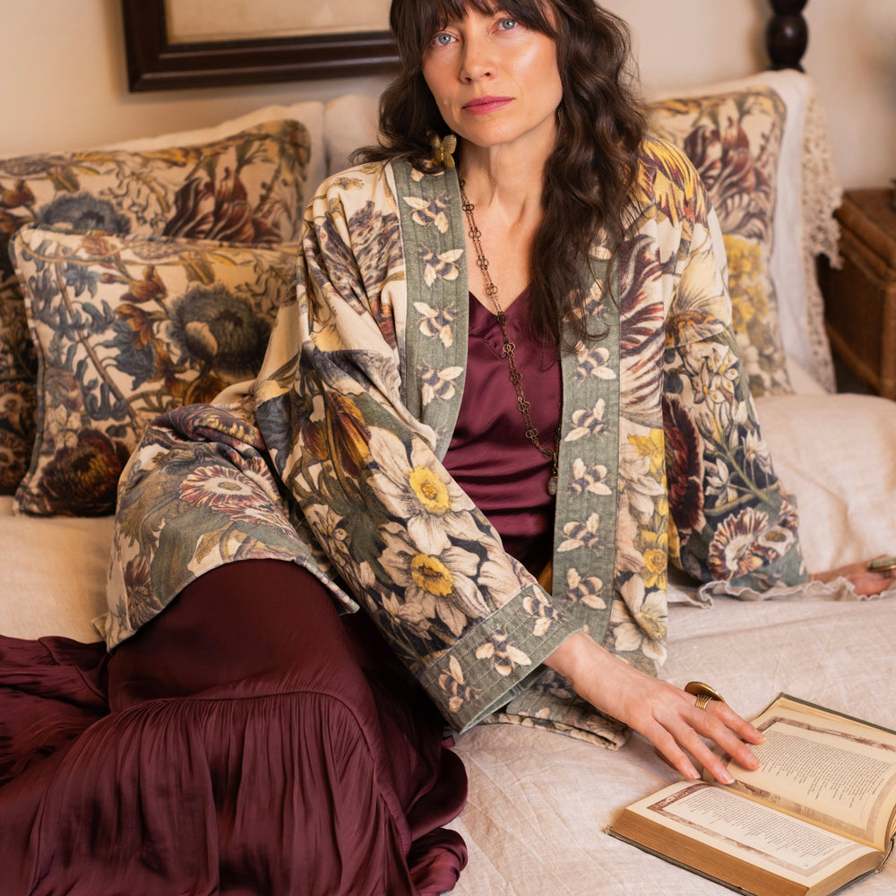 
                  
                    A soft cotton velvet cushion featuring lush 1700s botanical blooms - Market of Stars
                  
                