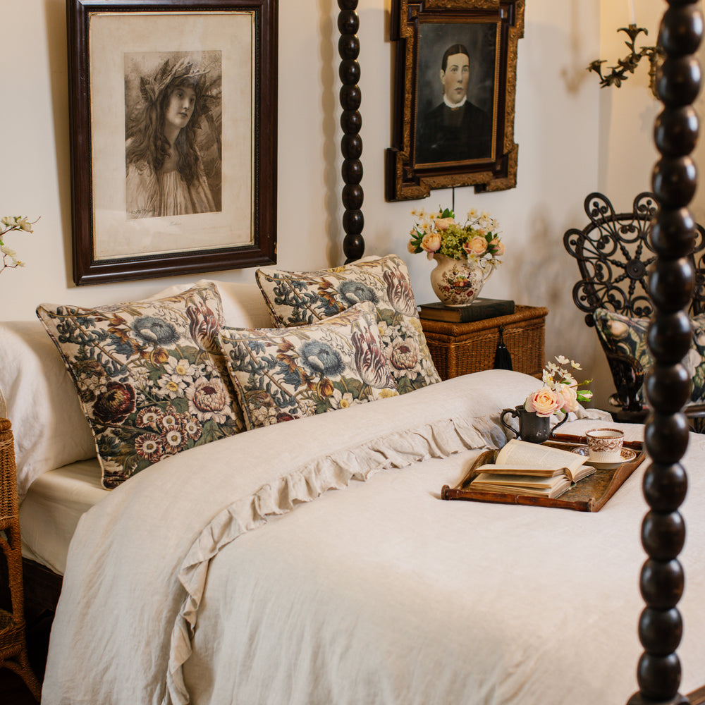 
                  
                    A soft cotton velvet cushion featuring lush 1700s botanical blooms - Market of Stars
                  
                