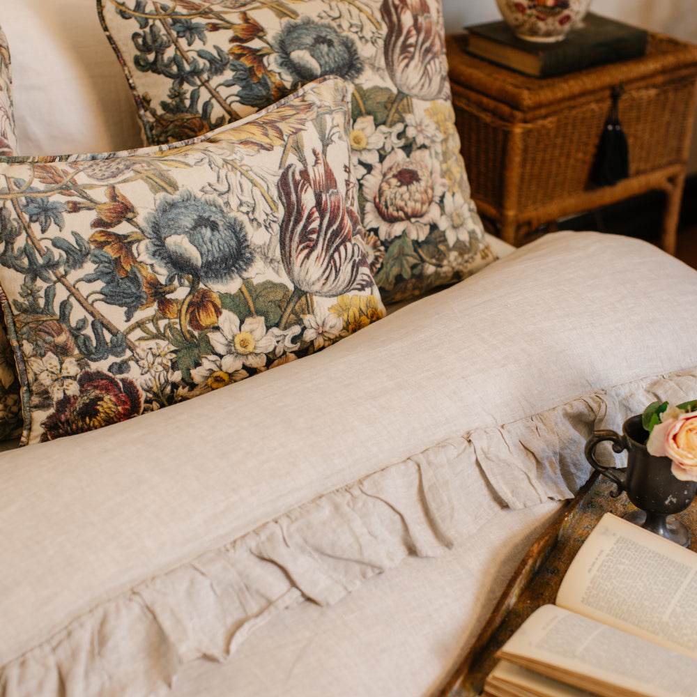 
                  
                    A soft cotton velvet cushion featuring lush 1700s botanical blooms - Market of Stars
                  
                