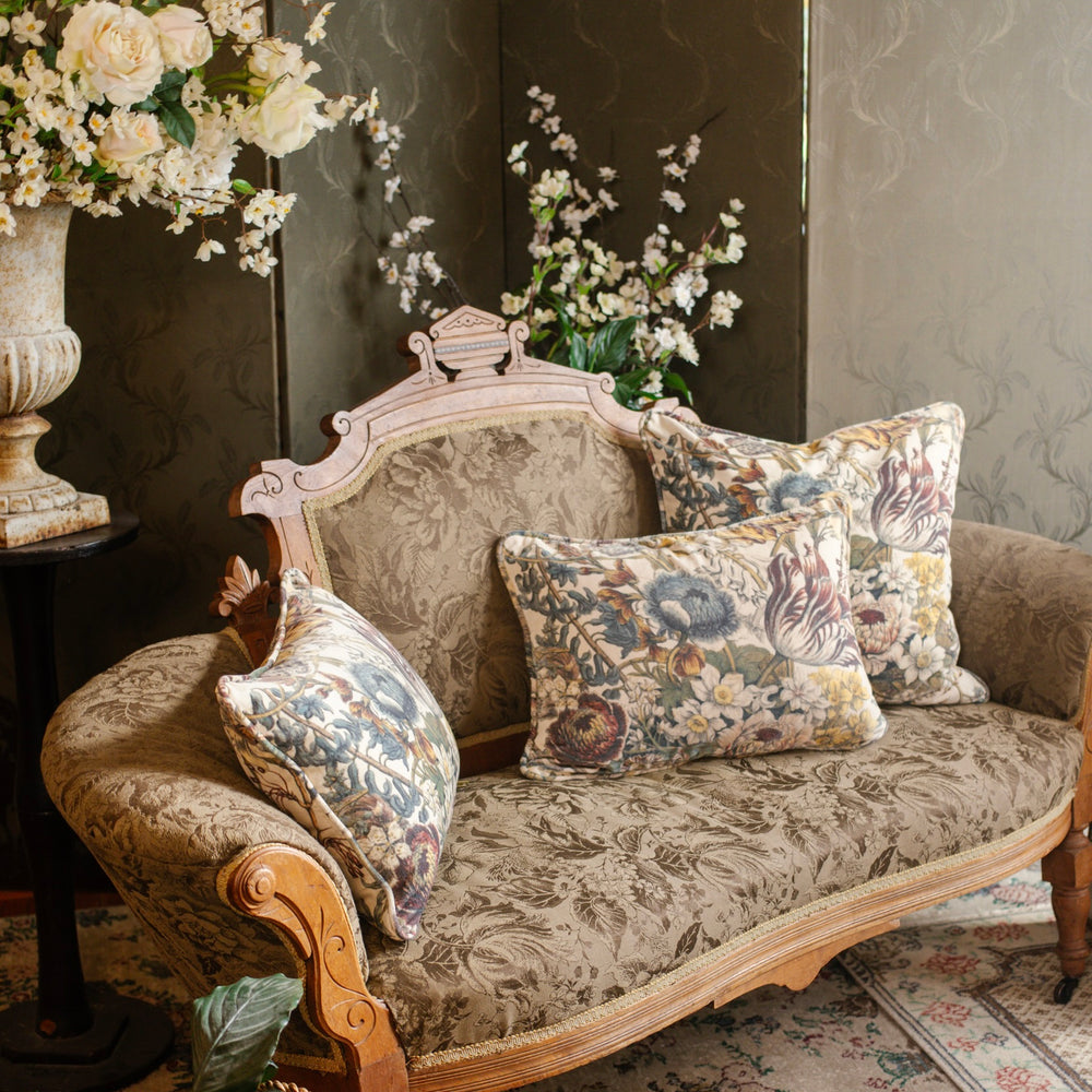 
                  
                    A soft cotton velvet cushion featuring lush 1700s botanical blooms - Market of Stars
                  
                