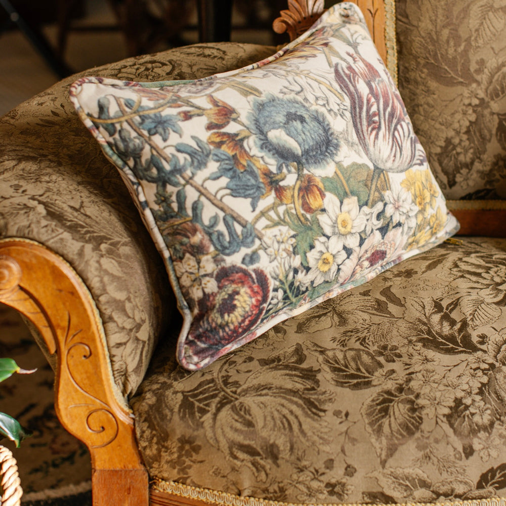 
                  
                    A soft cotton velvet cushion featuring lush 1700s botanical blooms - Market of Stars
                  
                