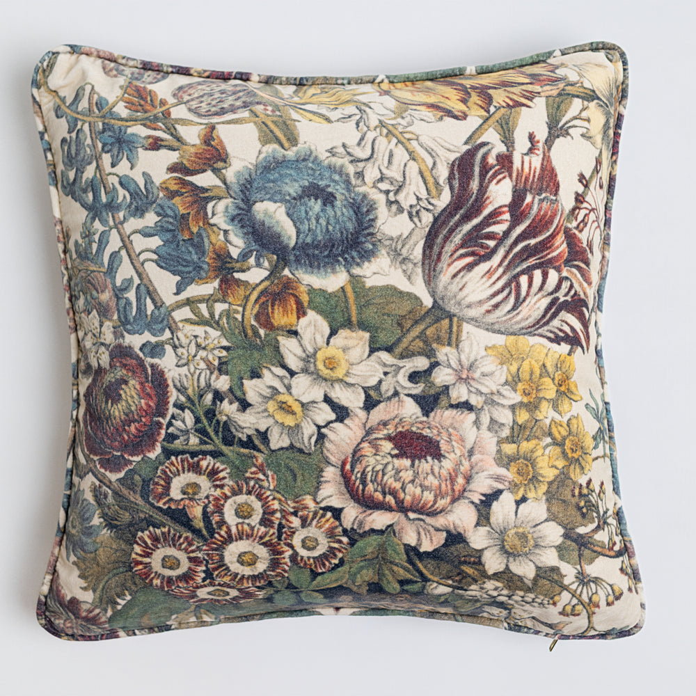 
                  
                    A soft cotton velvet cushion featuring lush 1700s botanical blooms - Market of Stars
                  
                
