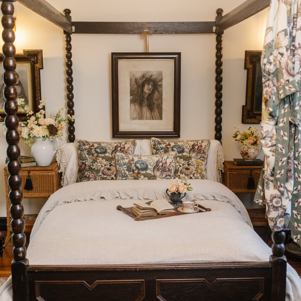 
                  
                    A soft cotton velvet cushion featuring lush 1700s botanical blooms - Market of Stars
                  
                