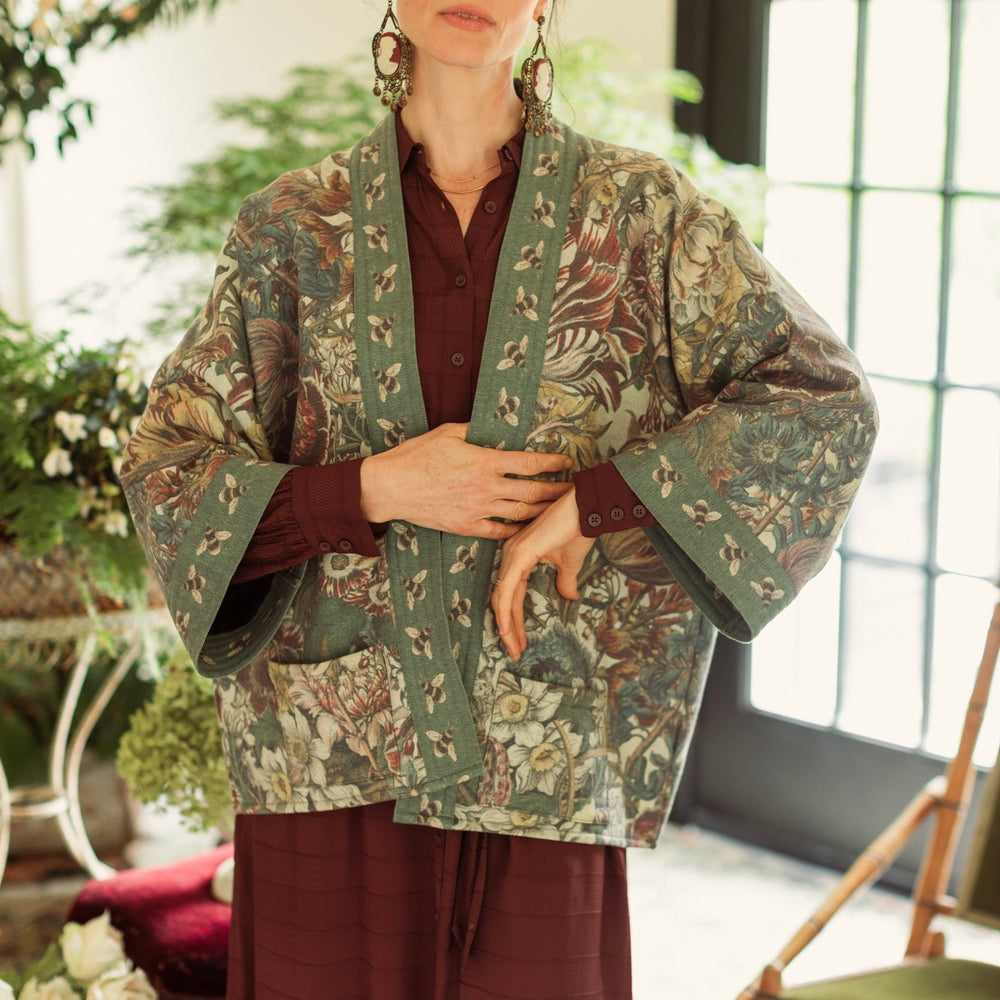 Love Grows Wild Cottage Cardigan featuring 1700s floral etchings and bumblebee trim – cozy fleece-lined cardigan perfect for cooler days – Market of Stars.