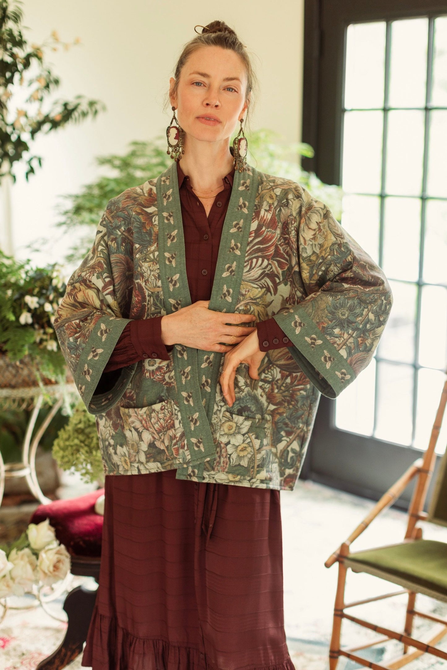 Love Grows Wild Cottage Cardigan featuring 1700s floral etchings and bumblebee trim – cozy fleece-lined cardigan perfect for cooler days – Market of Stars.