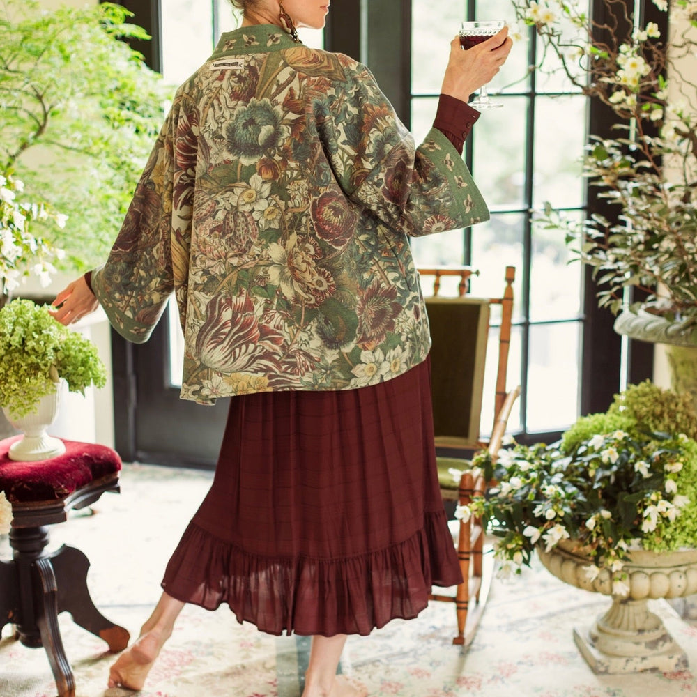 Love Grows Wild Cottage Cardigan featuring 1700s floral etchings and bumblebee trim – cozy fleece-lined cardigan perfect for cooler days – Market of Stars.