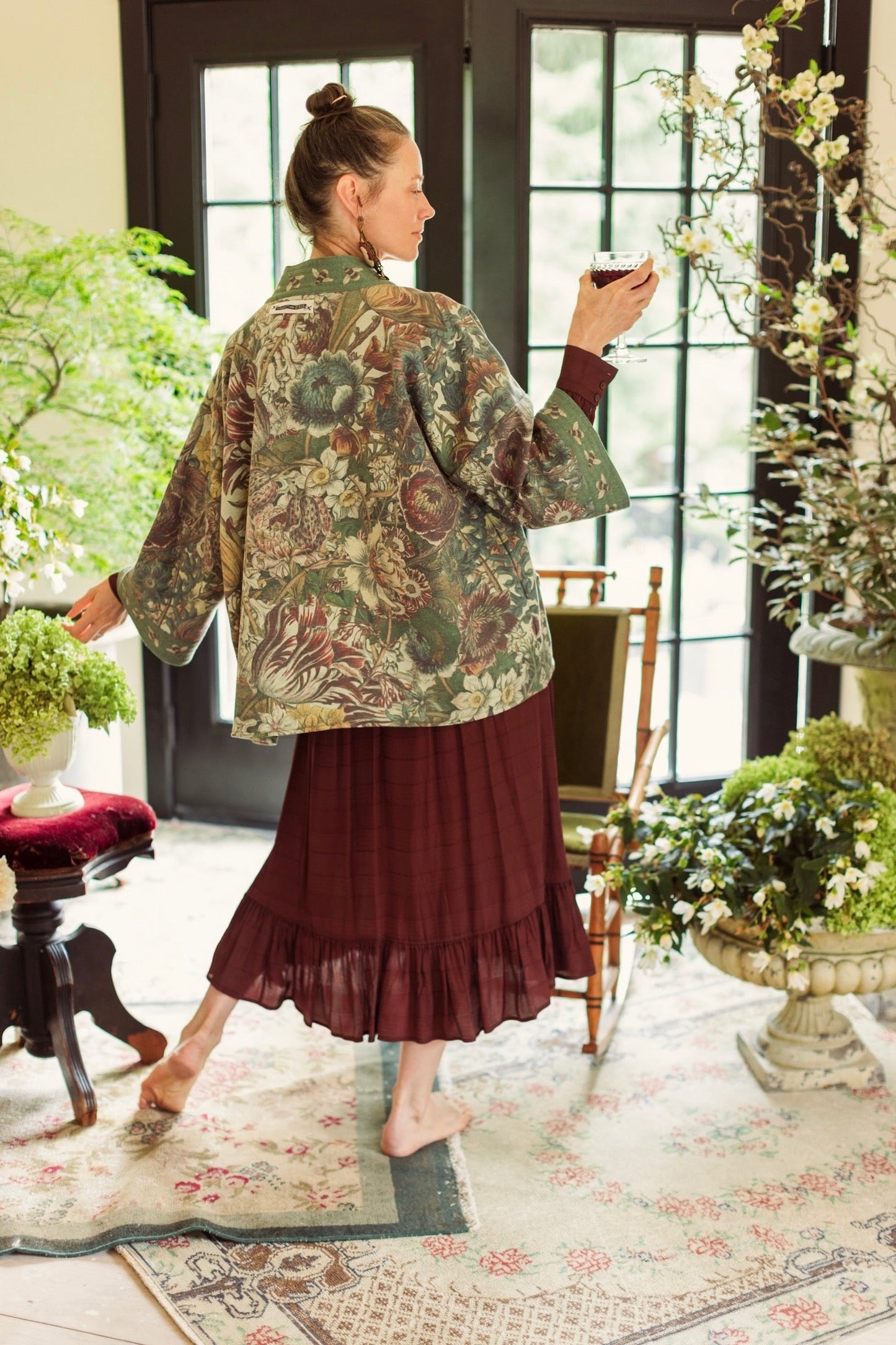 Love Grows Wild Cottage Cardigan featuring 1700s floral etchings and bumblebee trim – cozy fleece-lined cardigan perfect for cooler days – Market of Stars.
