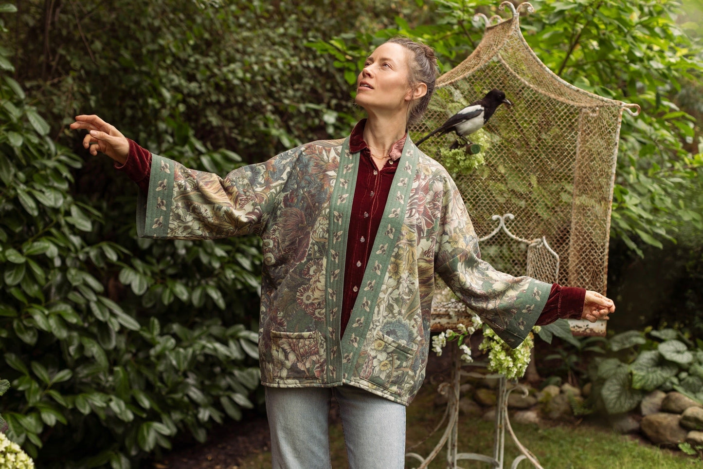 Love Grows Wild Cottage Cardigan featuring 1700s floral etchings and bumblebee trim – cozy fleece-lined cardigan perfect for cooler days – Market of Stars.