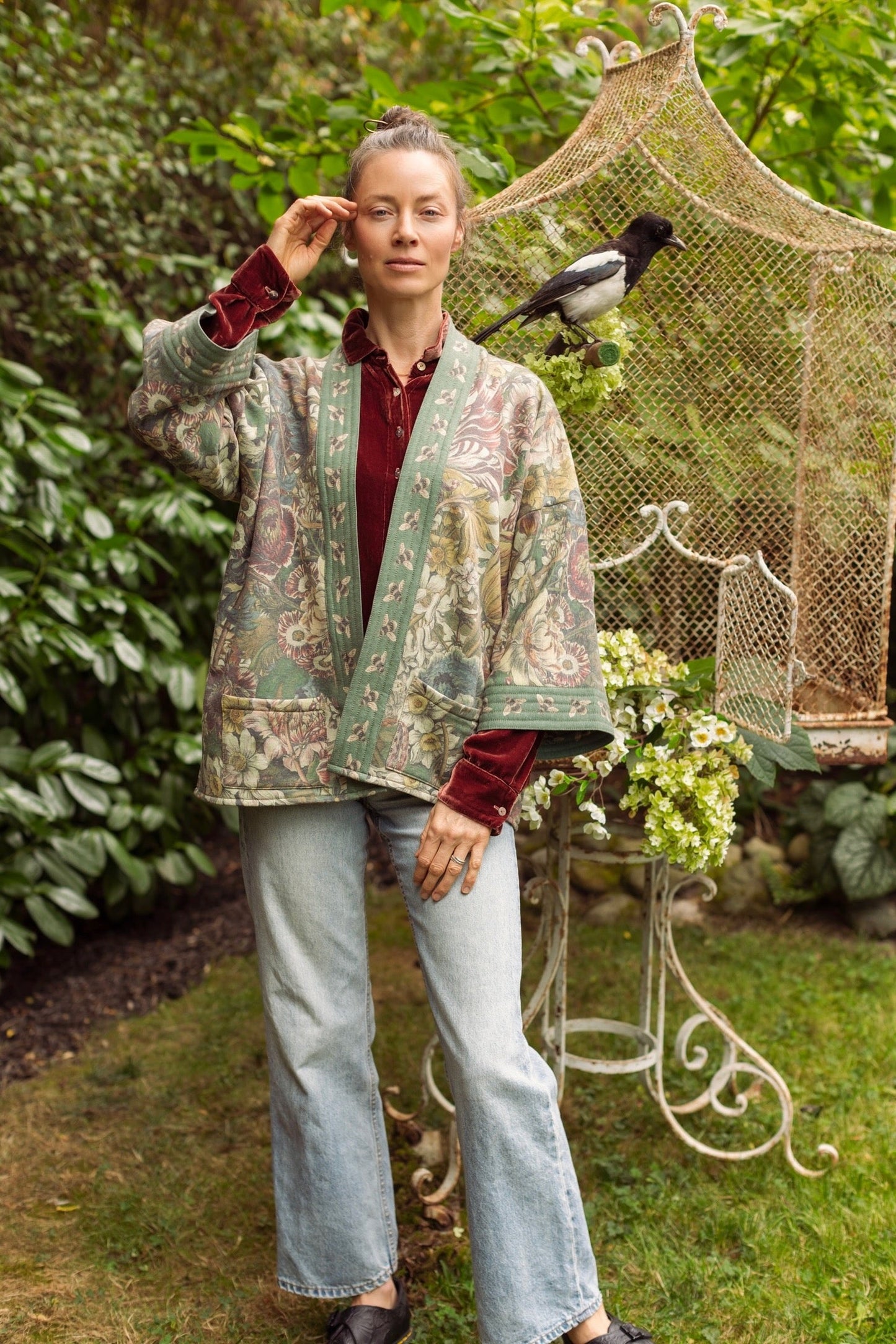 Love Grows Wild Cottage Cardigan featuring 1700s floral etchings and bumblebee trim – cozy fleece-lined cardigan perfect for cooler days – Market of Stars.