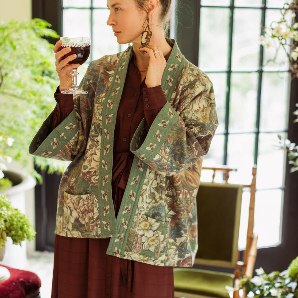 
                  
                    Love Grows Wild Cottage Cardigan featuring 1700s floral etchings and bumblebee trim – cozy fleece-lined cardigan perfect for cooler days – Market of Stars.
                  
                