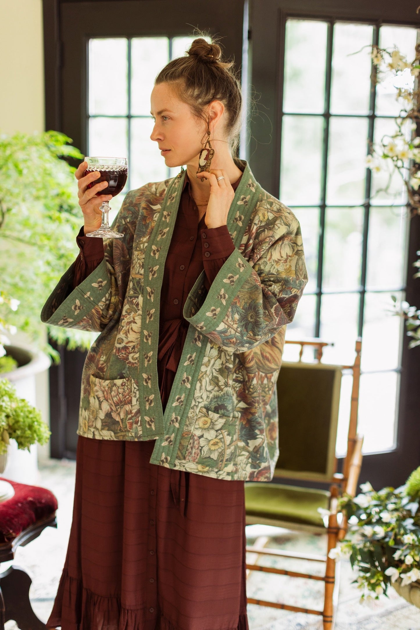 Love Grows Wild Cottage Cardigan featuring 1700s floral etchings and bumblebee trim – cozy fleece-lined cardigan perfect for cooler days – Market of Stars.