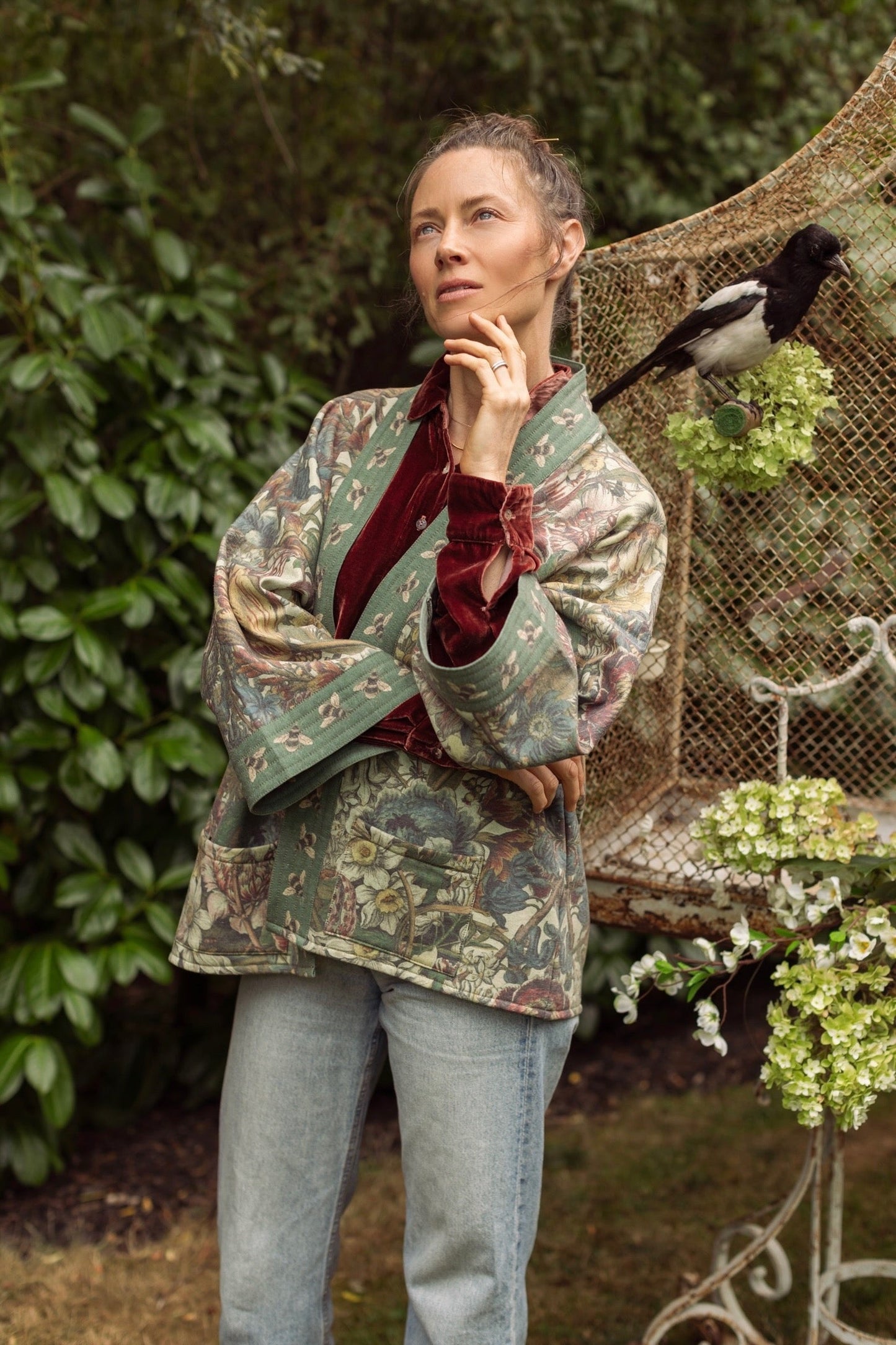 Love Grows Wild Cottage Cardigan featuring 1700s floral etchings and bumblebee trim – cozy fleece-lined cardigan perfect for cooler days – Market of Stars.
