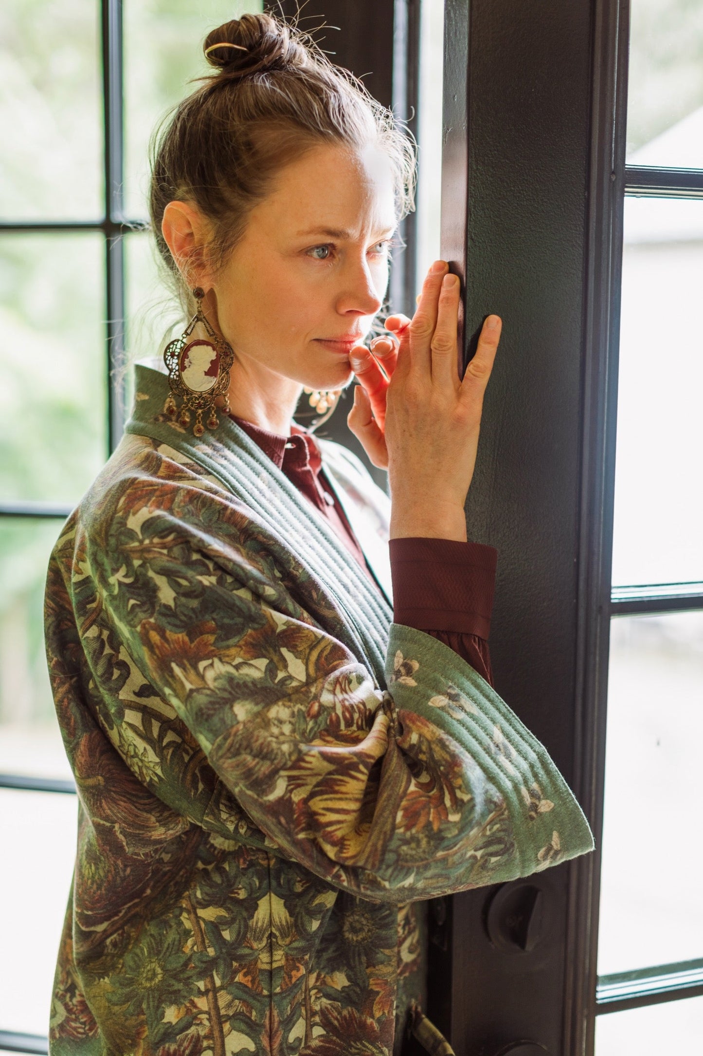 Love Grows Wild Cottage Cardigan featuring 1700s floral etchings and bumblebee trim – cozy fleece-lined cardigan perfect for cooler days – Market of Stars.