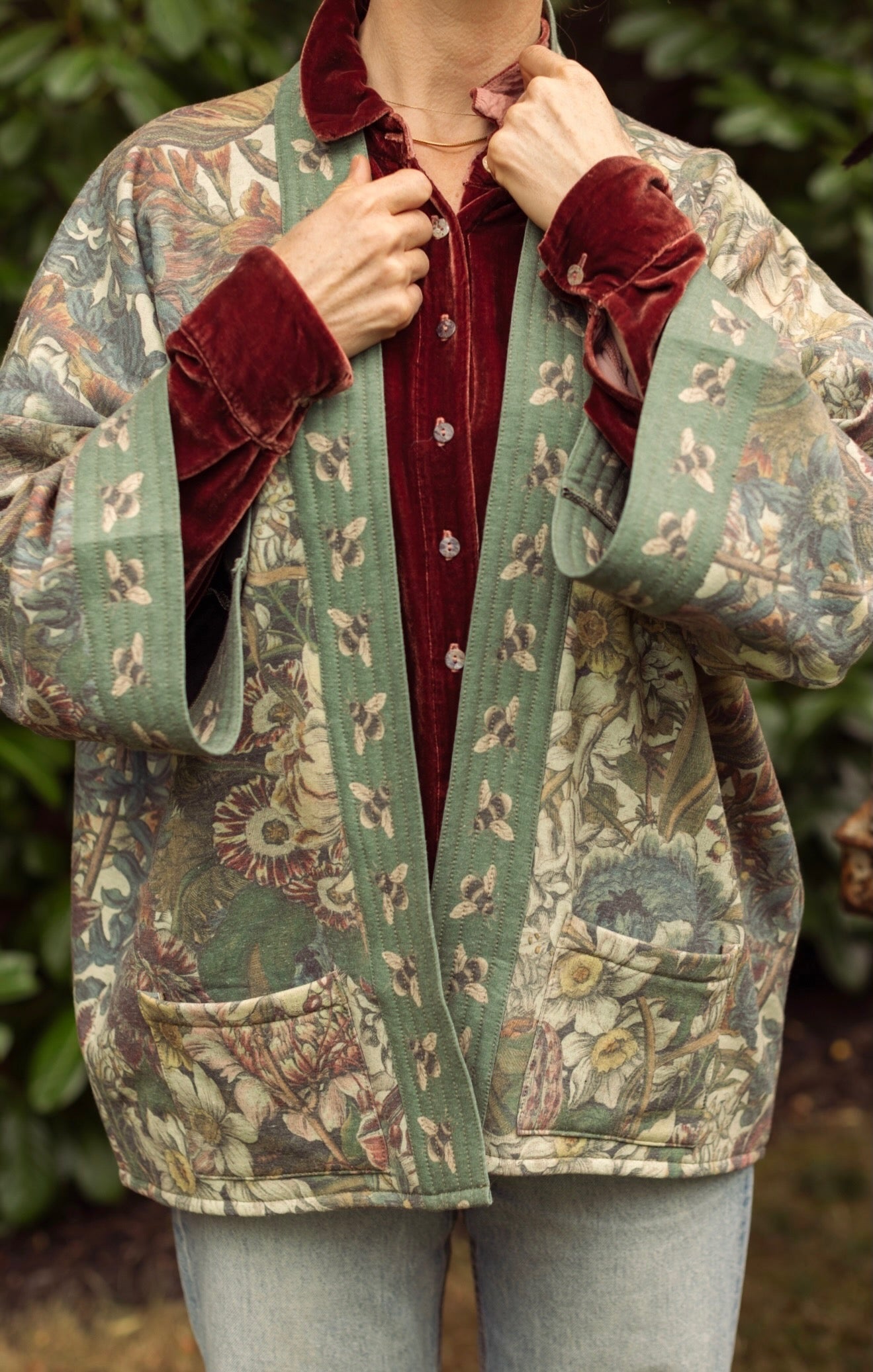 Love Grows Wild Cottage Cardigan featuring 1700s floral etchings and bumblebee trim – cozy fleece-lined cardigan perfect for cooler days – Market of Stars.