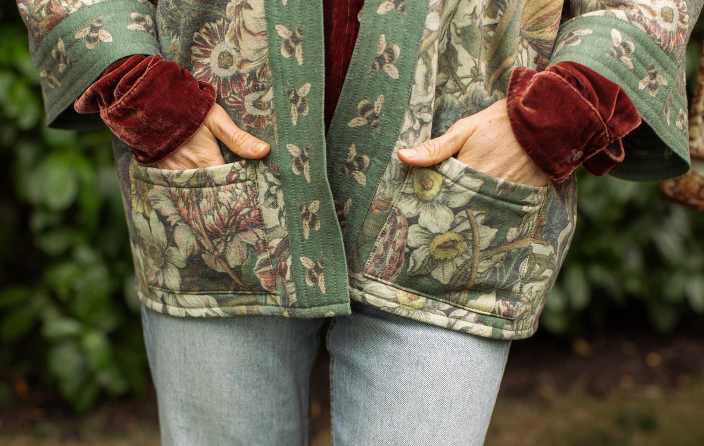 Love Grows Wild Cottage Cardigan featuring 1700s floral etchings and bumblebee trim – cozy fleece-lined cardigan perfect for cooler days – Market of Stars.