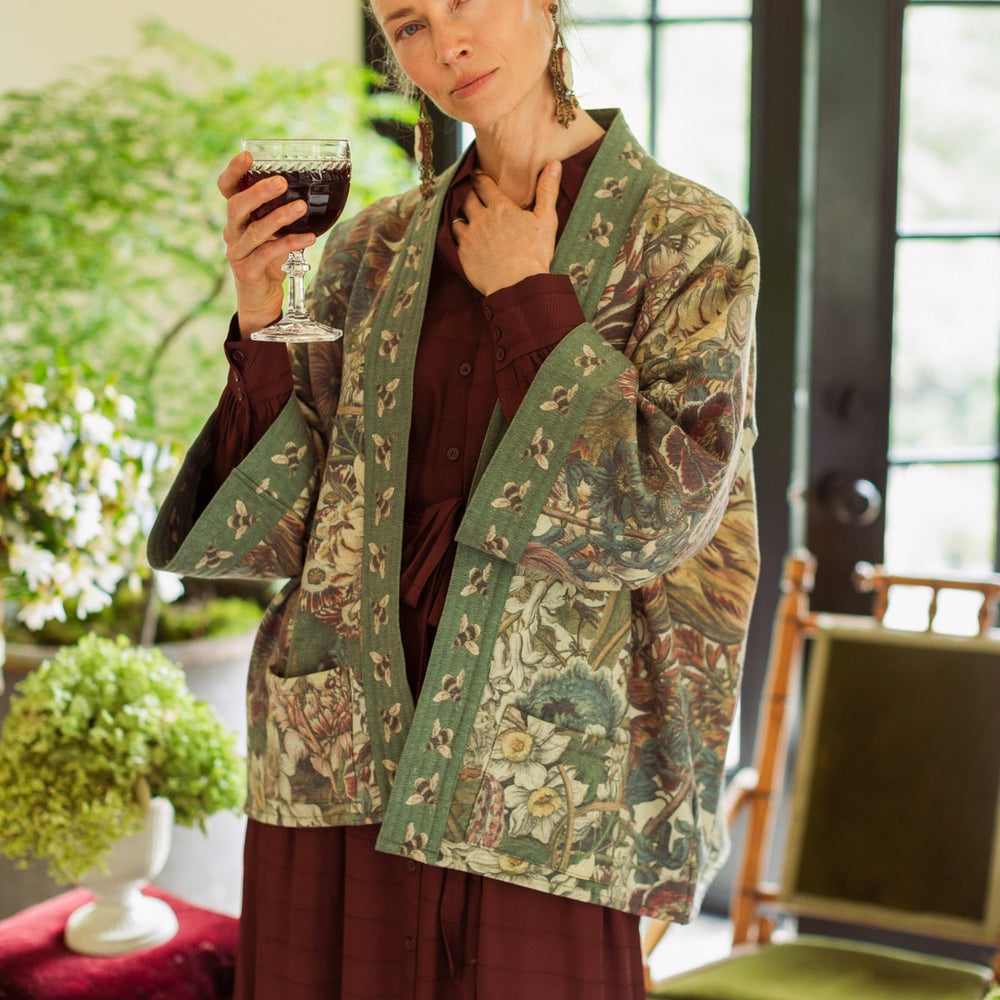
                  
                    Love Grows Wild Cottage Cardigan featuring 1700s floral etchings and bumblebee trim – cozy fleece-lined cardigan perfect for cooler days – Market of Stars.
                  
                