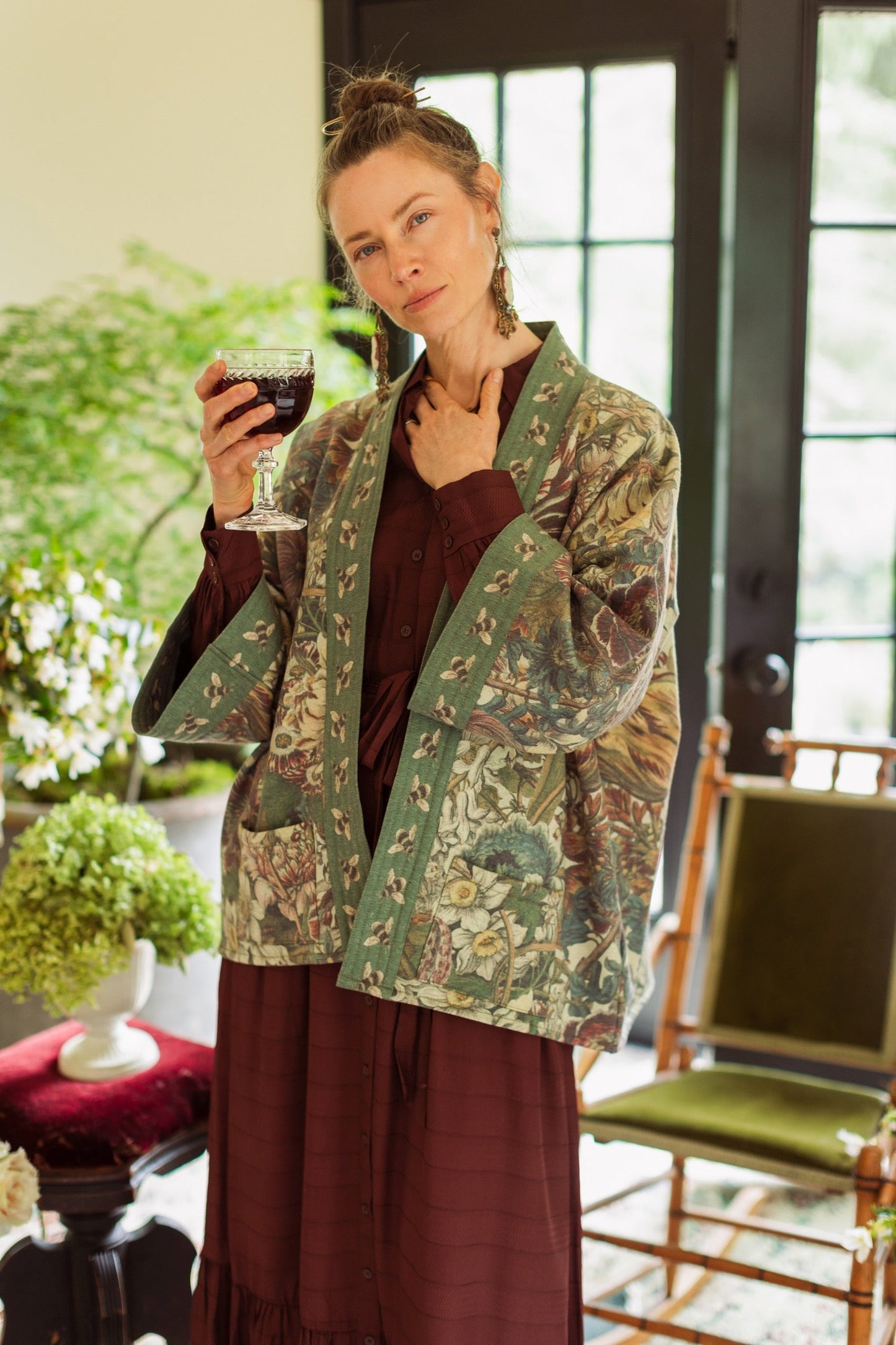 Love Grows Wild Cottage Cardigan featuring 1700s floral etchings and bumblebee trim – cozy fleece-lined cardigan perfect for cooler days – Market of Stars.