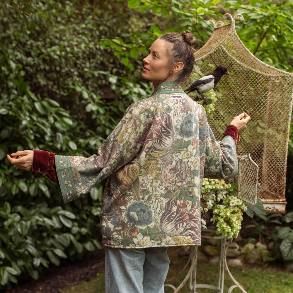 
                  
                    Love Grows Wild Cottage Cardigan featuring 1700s floral etchings and bumblebee trim – cozy fleece-lined cardigan perfect for cooler days – Market of Stars.
                  
                