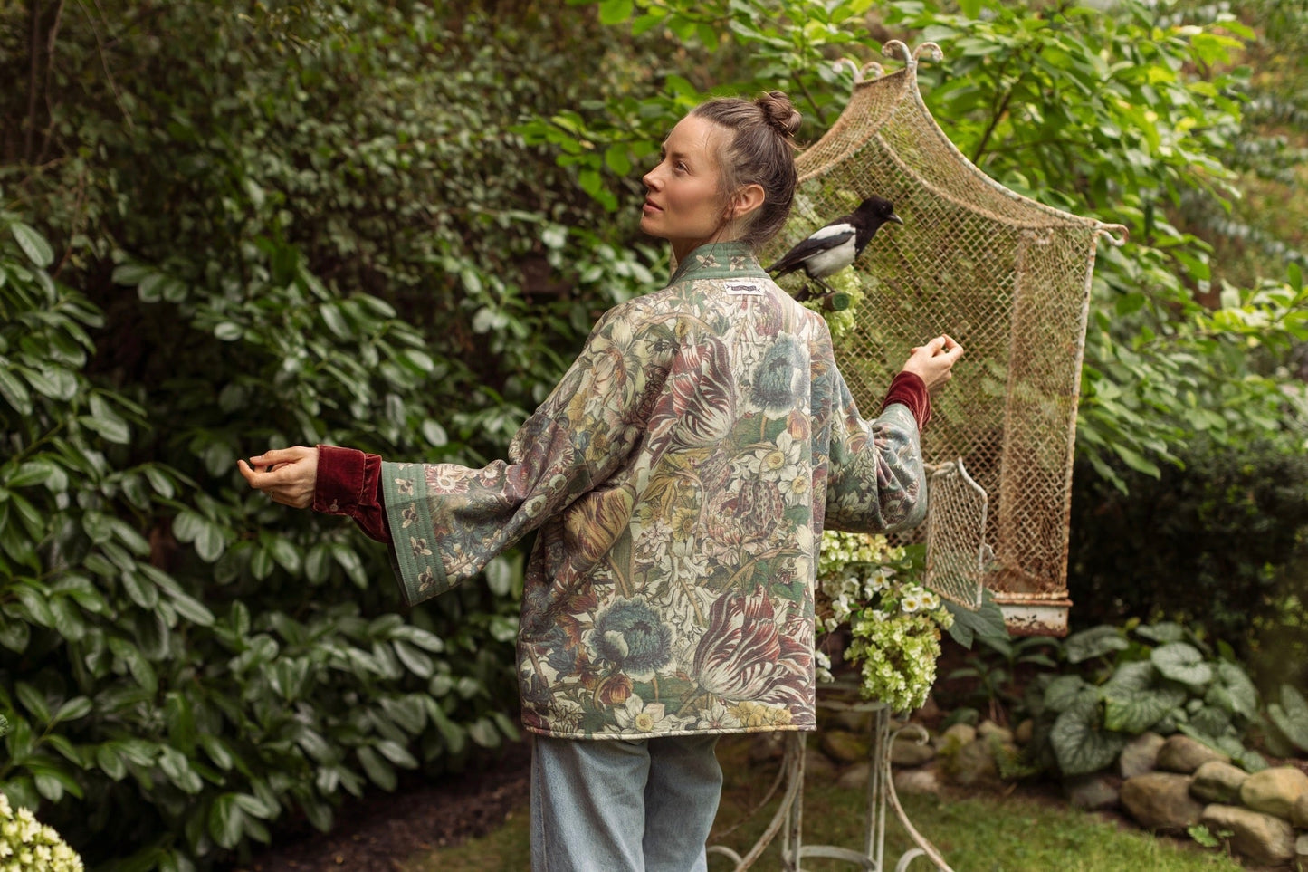 Love Grows Wild Cottage Cardigan featuring 1700s floral etchings and bumblebee trim – cozy fleece-lined cardigan perfect for cooler days – Market of Stars.