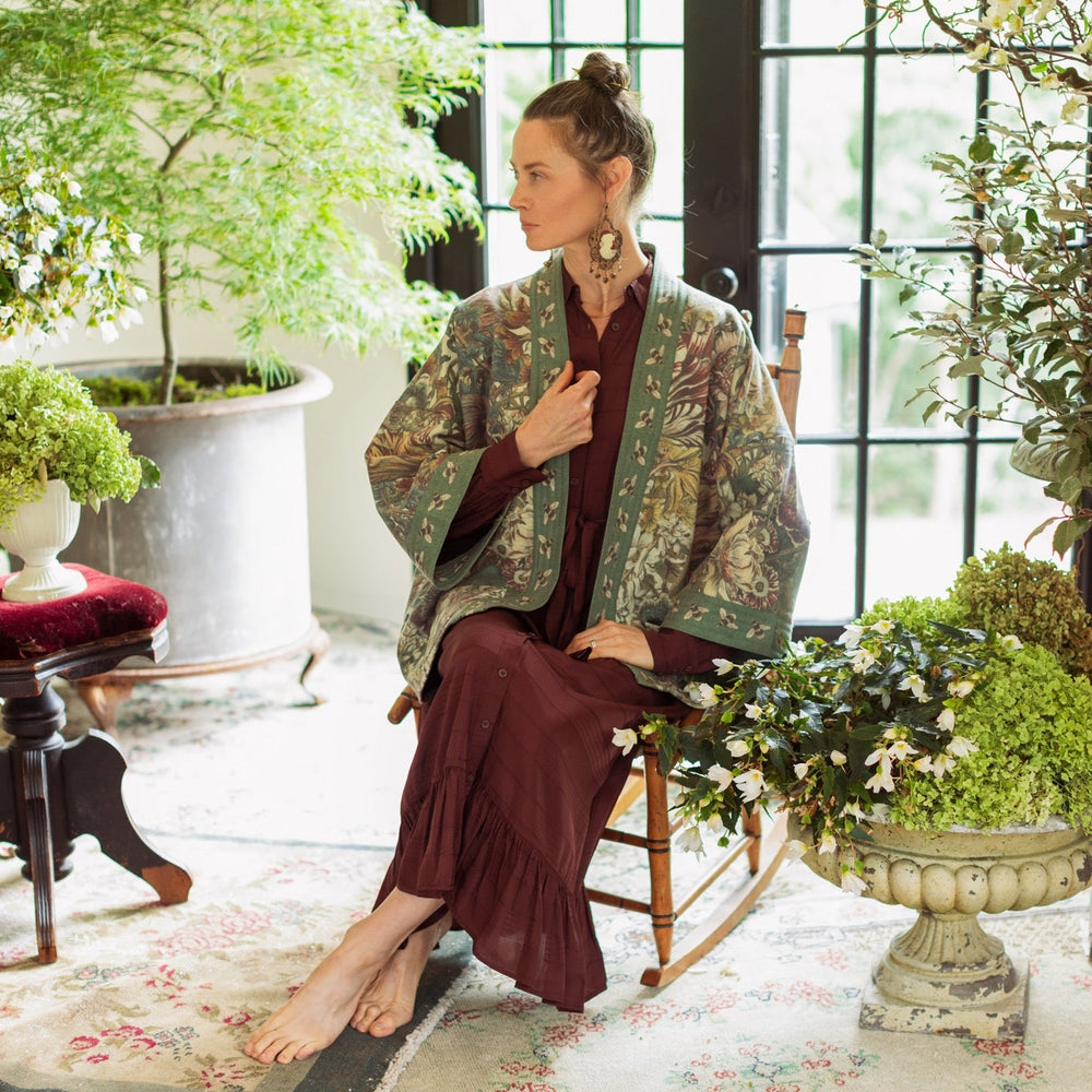 
                  
                    Love Grows Wild Cottage Cardigan featuring 1700s floral etchings and bumblebee trim – cozy fleece-lined cardigan perfect for cooler days – Market of Stars.
                  
                