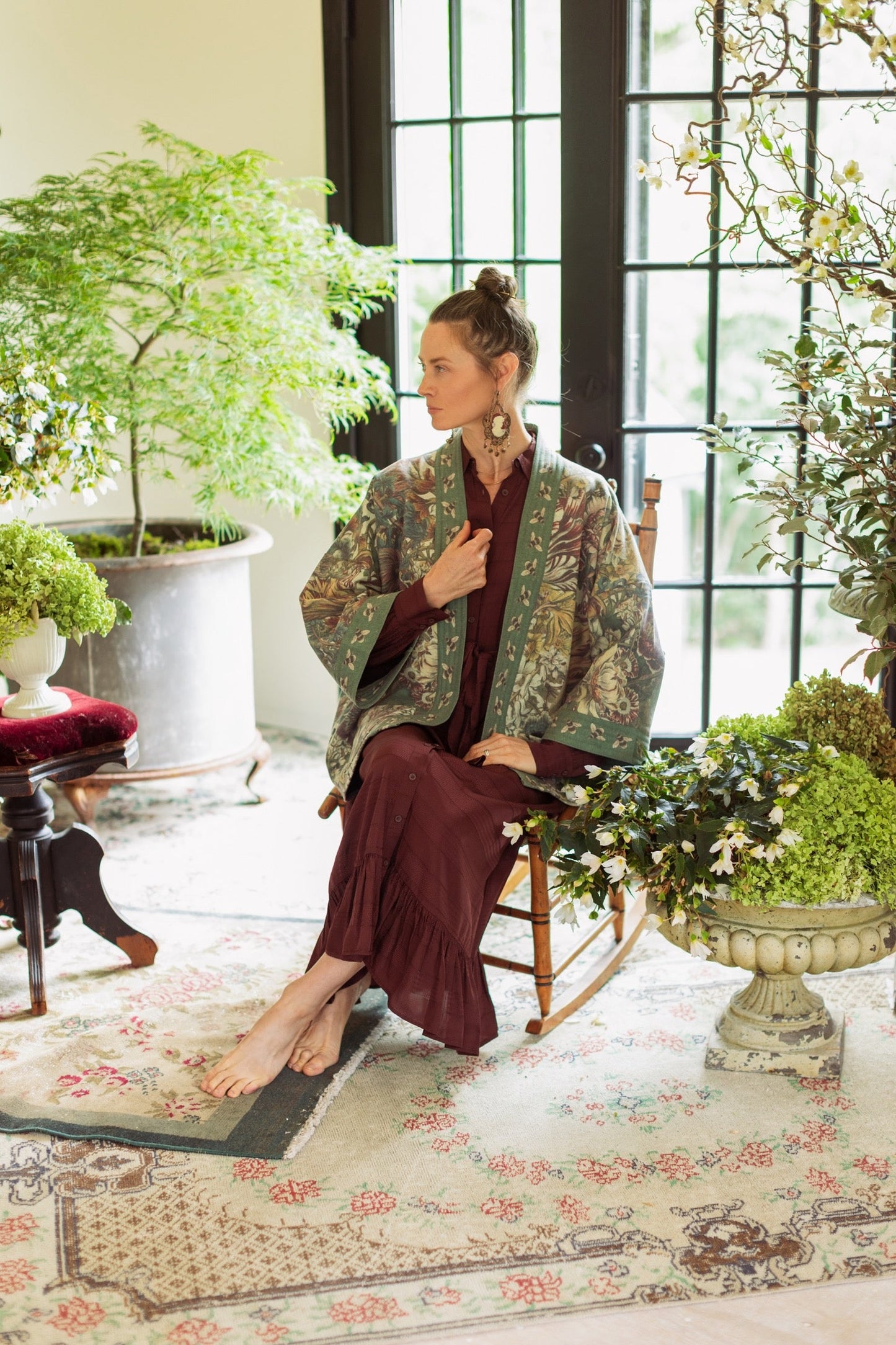 Love Grows Wild Cottage Cardigan featuring 1700s floral etchings and bumblebee trim – cozy fleece-lined cardigan perfect for cooler days – Market of Stars.